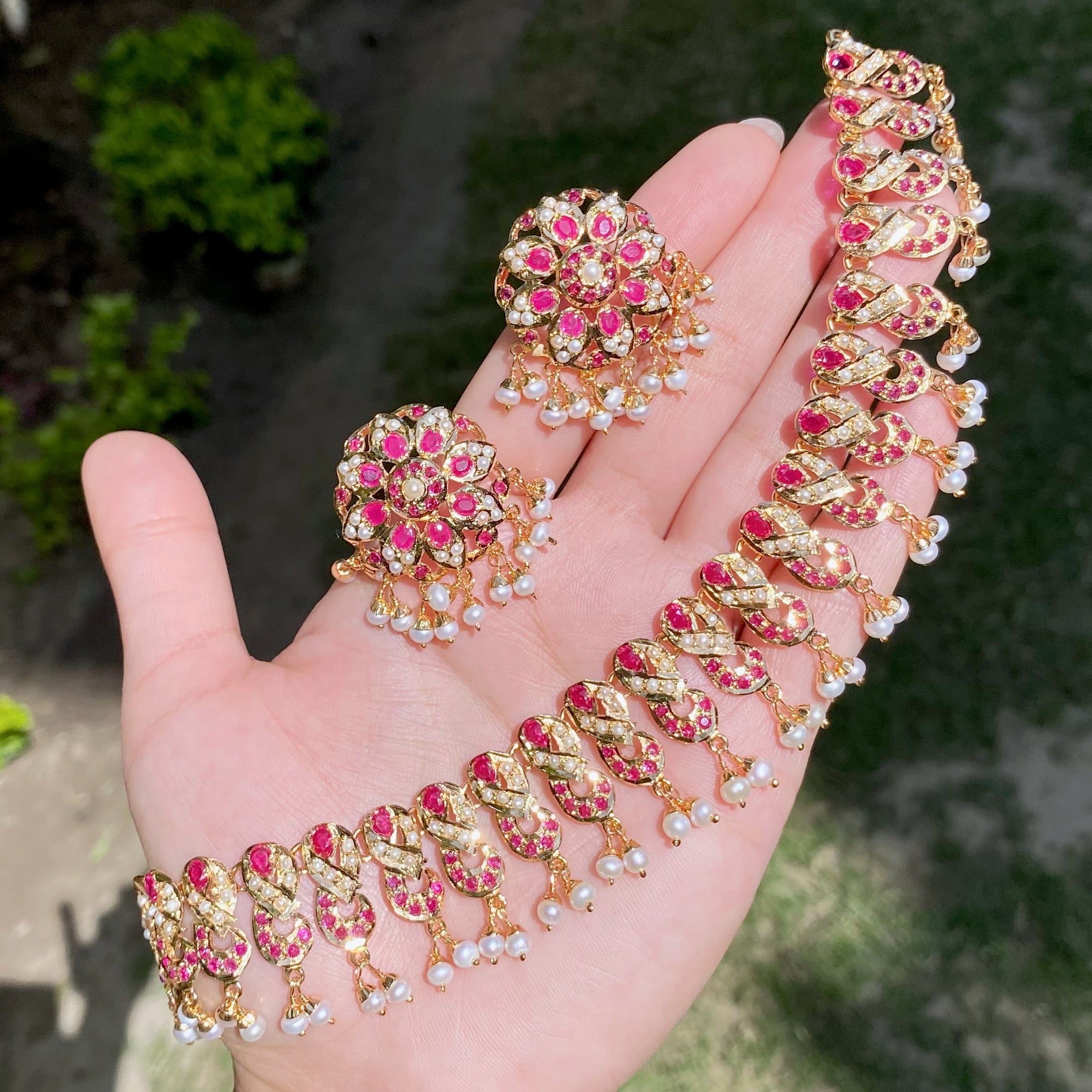 Buy Gold Plated Indian Jewellery Online | Ruby Pearl Necklace Set NS 173