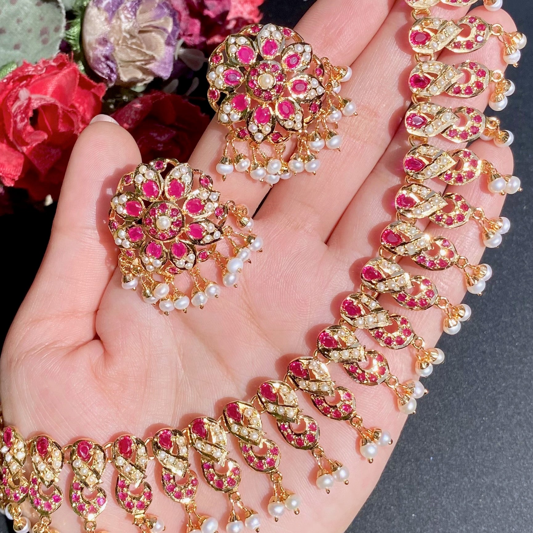 Buy Gold Plated Indian Jewellery Online | Ruby Pearl Necklace Set NS 173