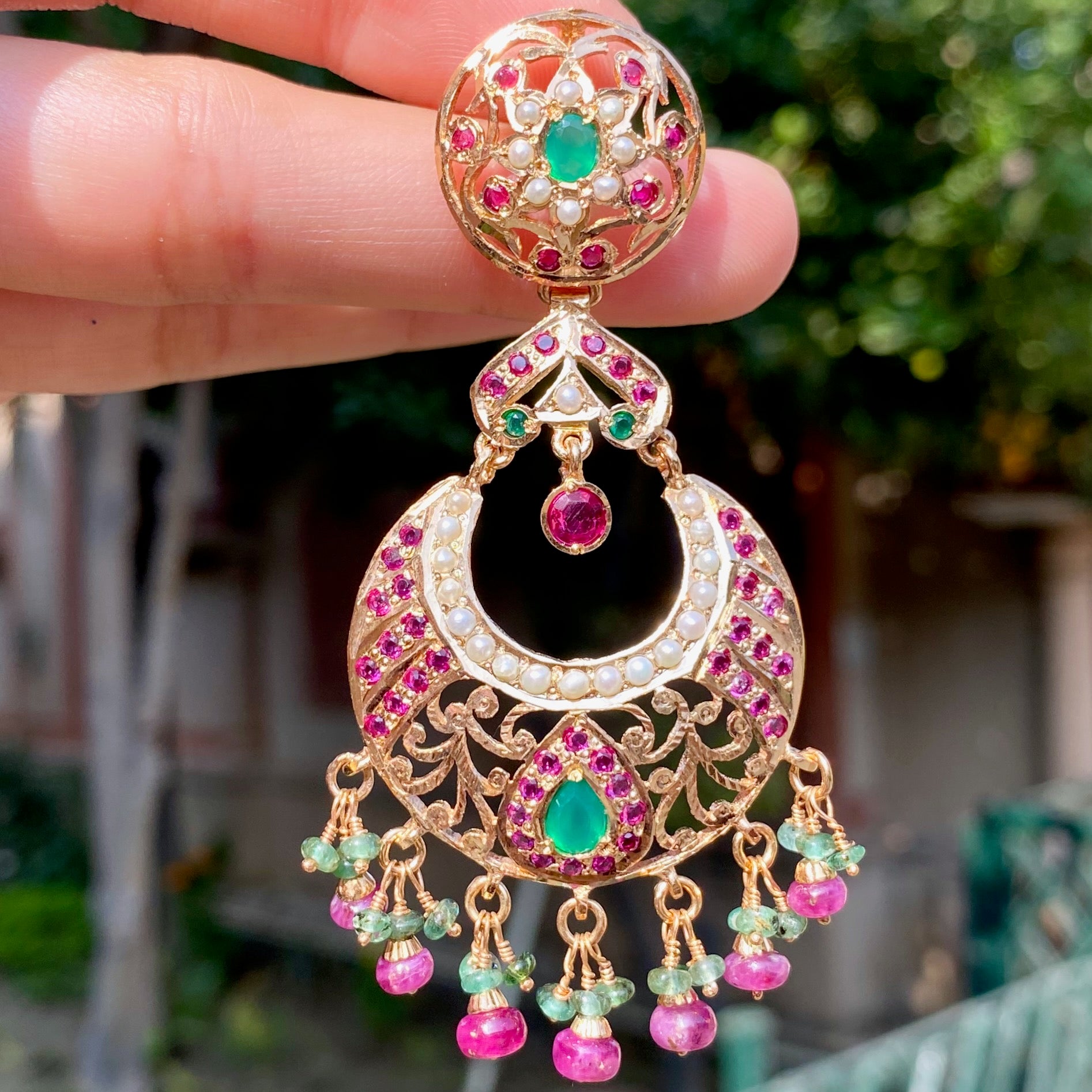 Ruby Emerald Pearl Chandbali Earrings | Gold Plated Chandbali Earrings | ER 680