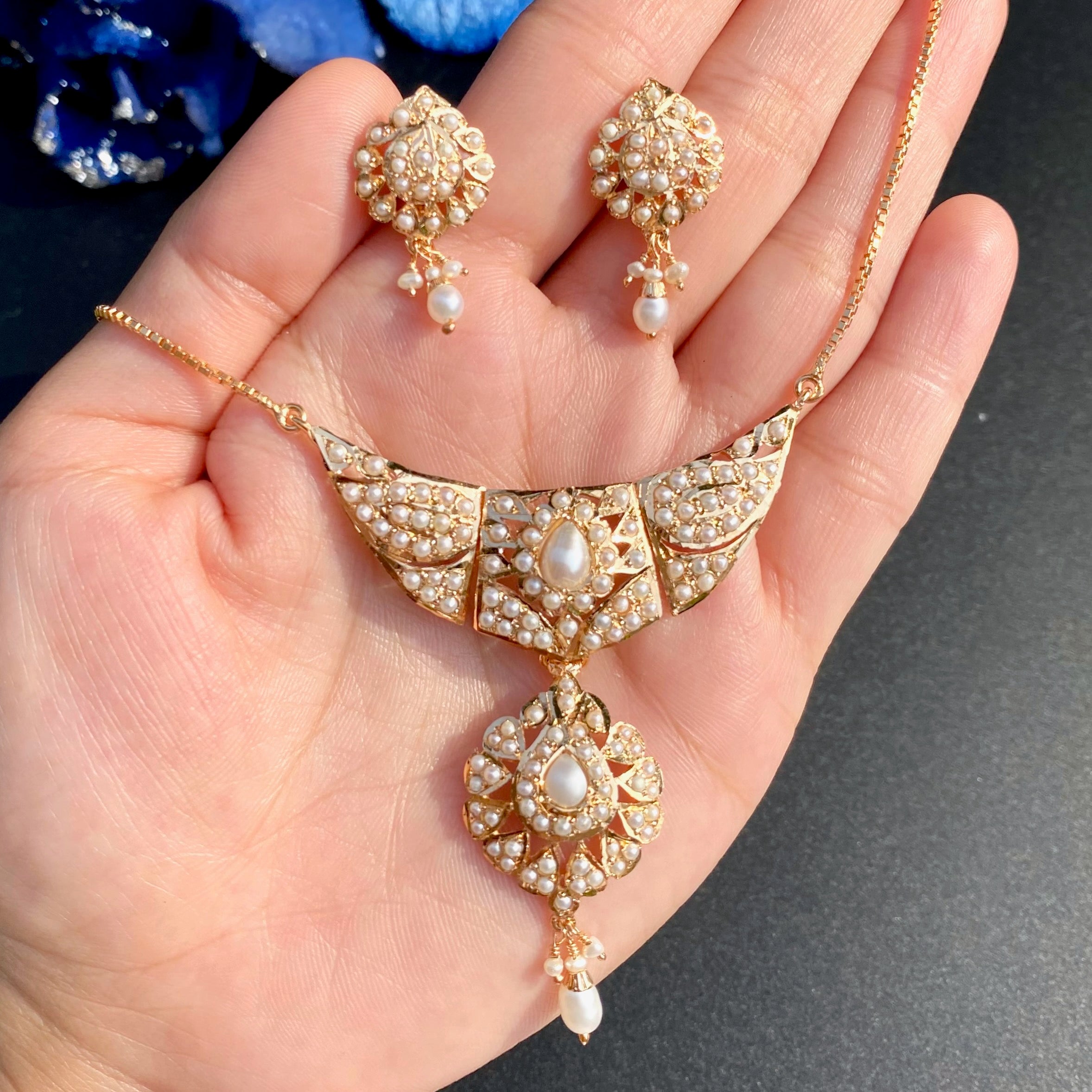 Dainty Pearl Jadau Chain Necklace Set | Gold Plated on Silver NS 470