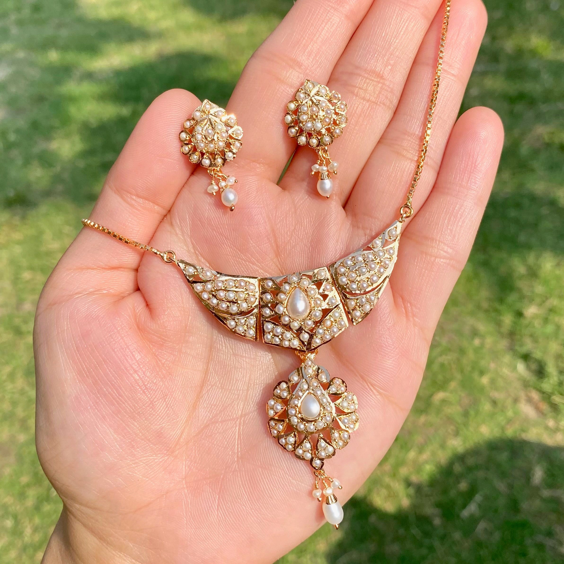 Dainty Pearl Jadau Chain Necklace Set | Gold Plated on Silver NS 470