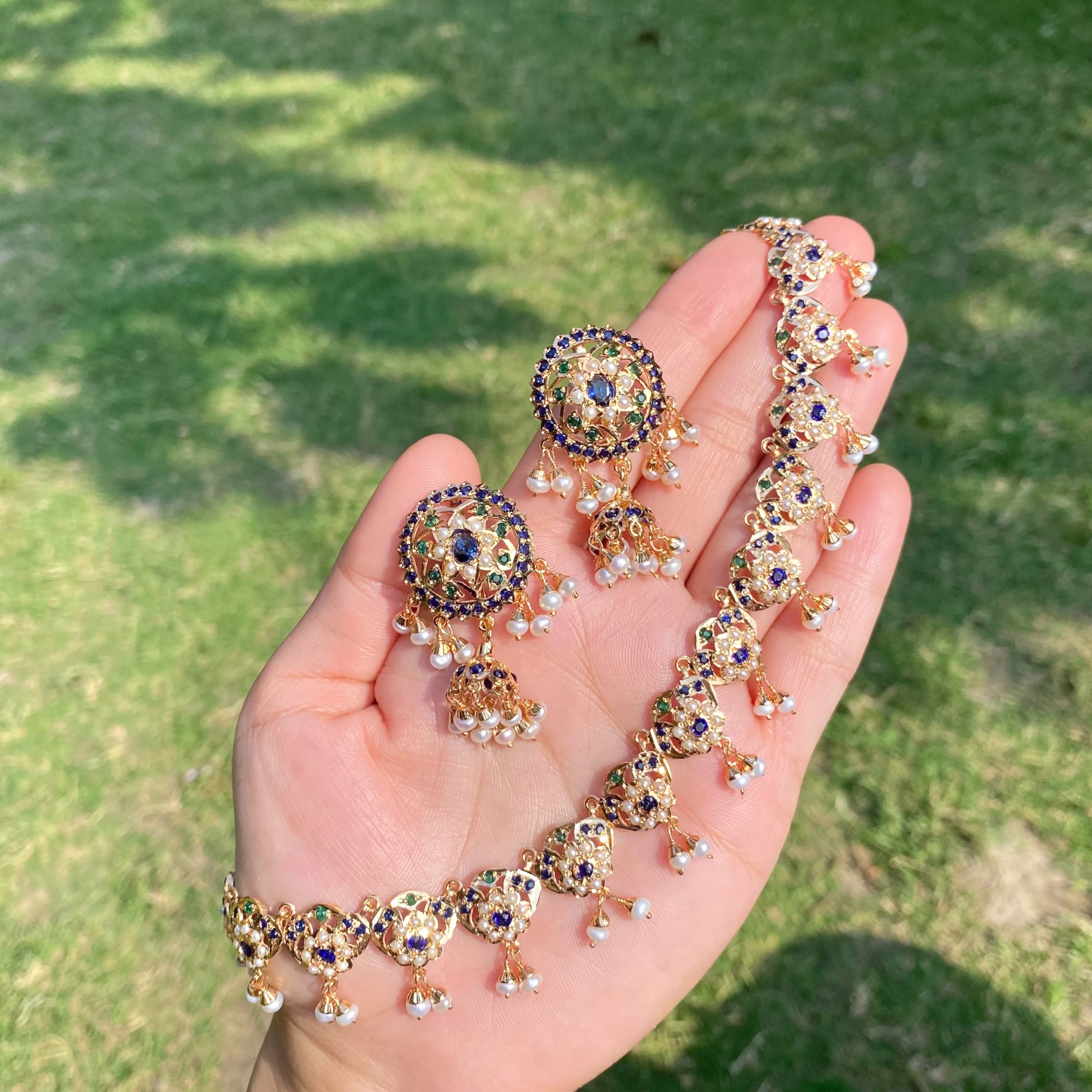 Sapphire-Blue Green Pearl Jadau Choker Necklace Set | Gold Plated Silver NS 465