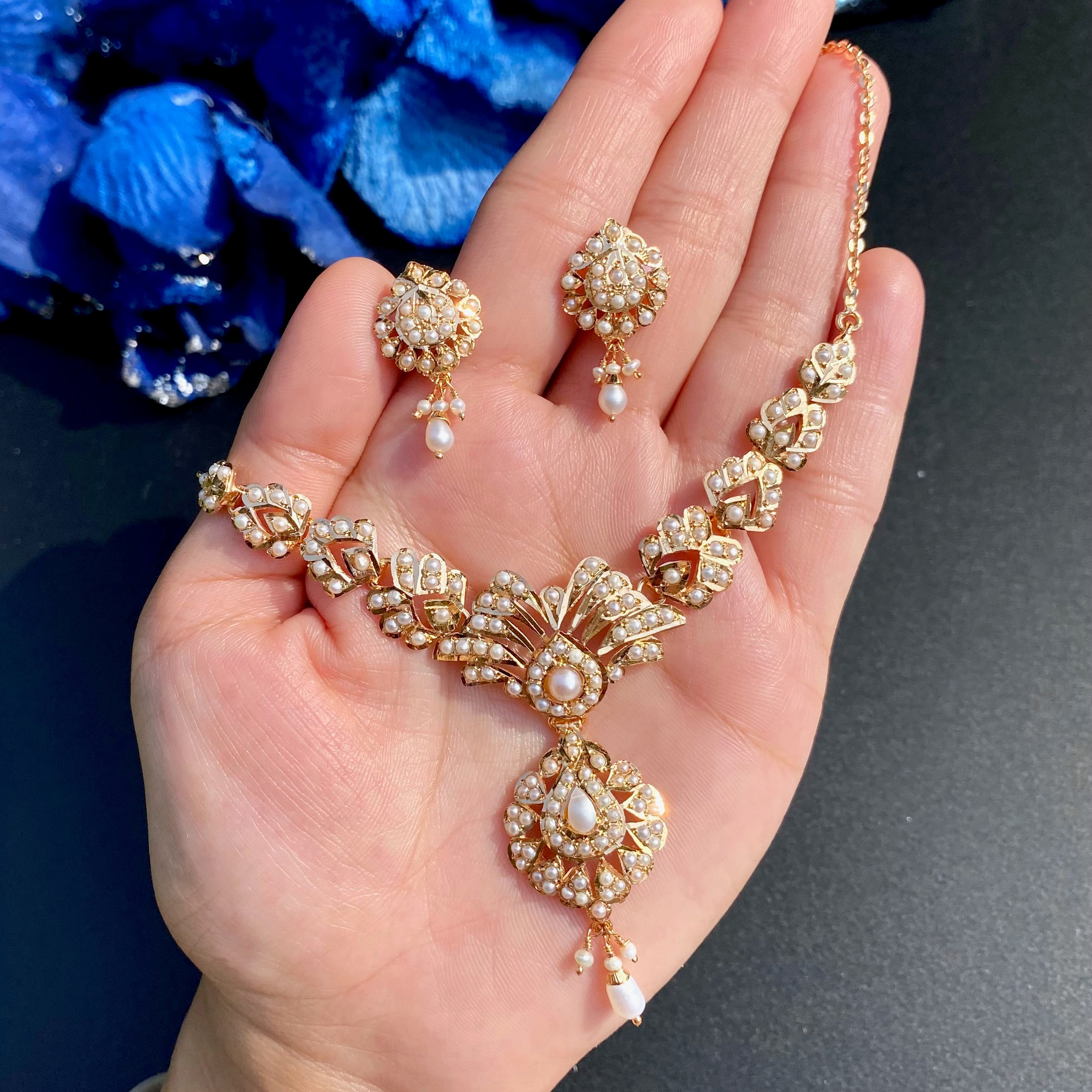 Pearl Fan Motif Jadau Chain Necklace Set | Gold Plated Silver NS 468