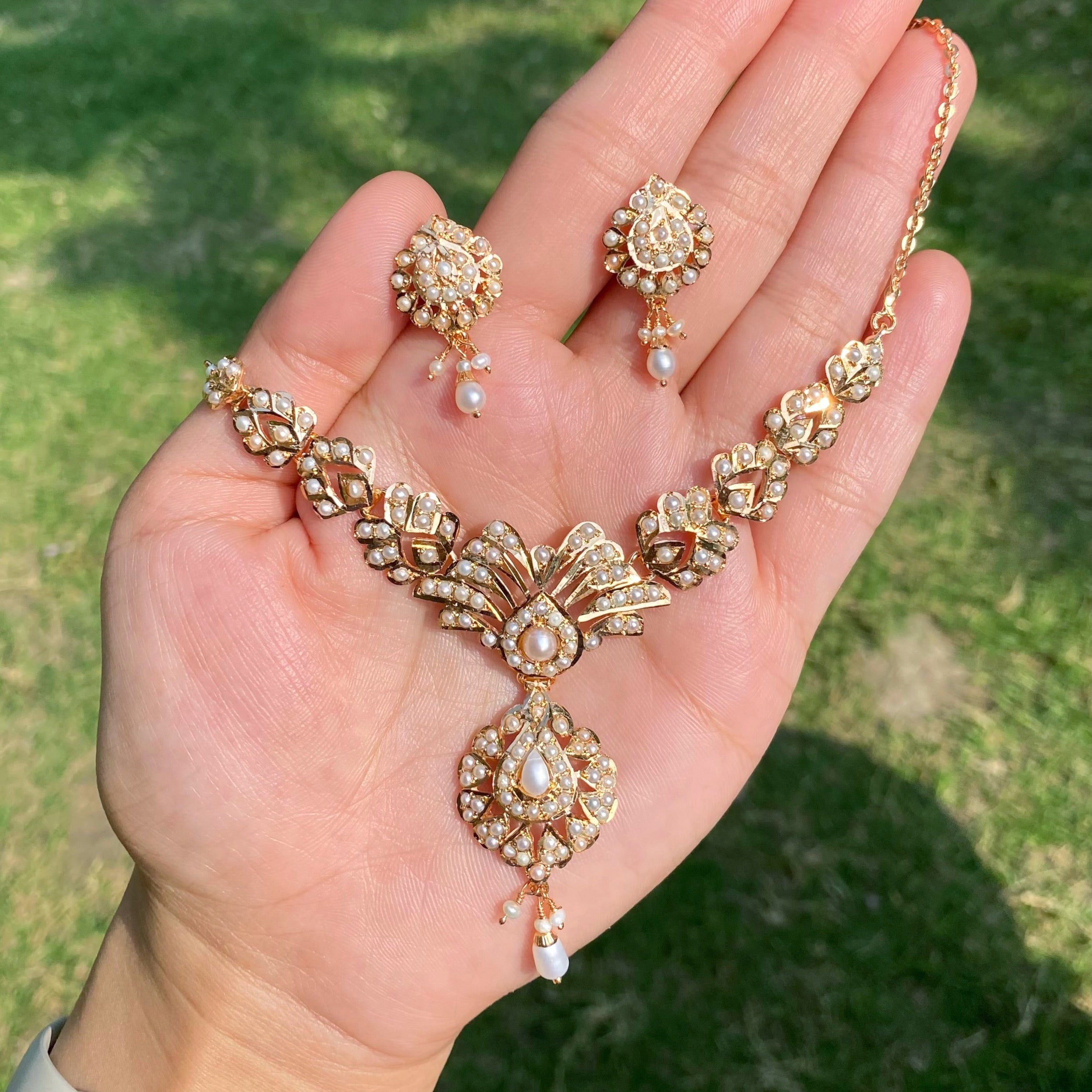Pearl Fan Motif Jadau Chain Necklace Set | Gold Plated Silver NS 468