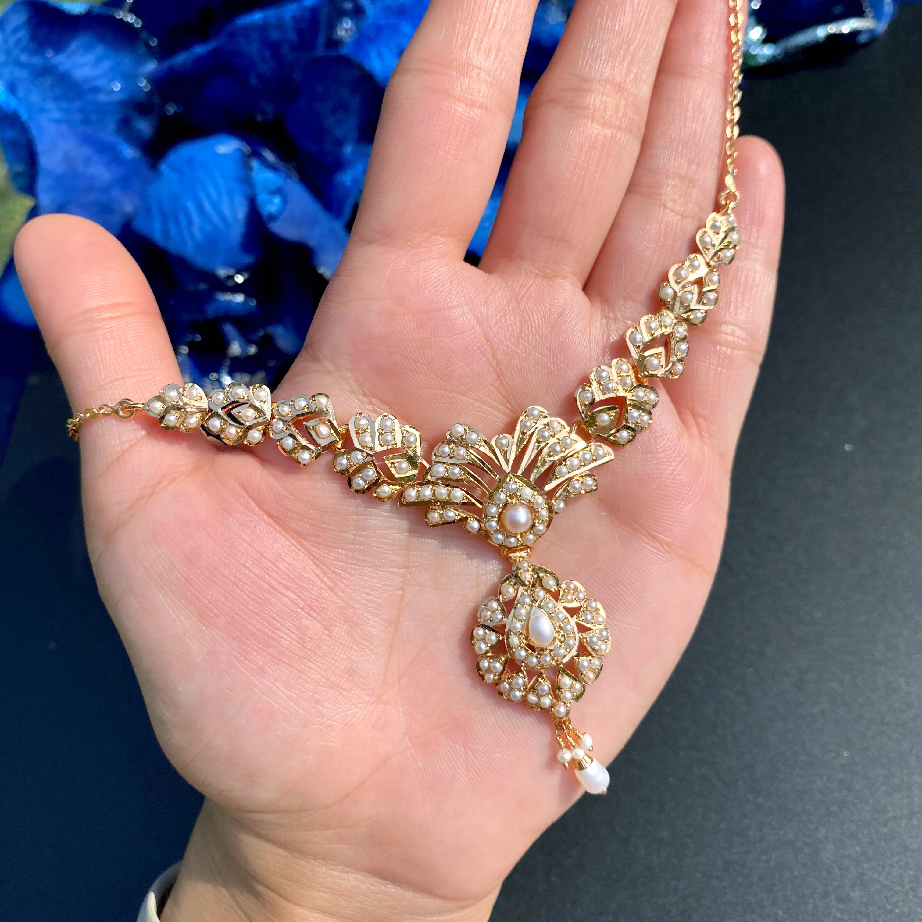 Pearl Fan Motif Jadau Chain Necklace Set | Gold Plated Silver NS 468