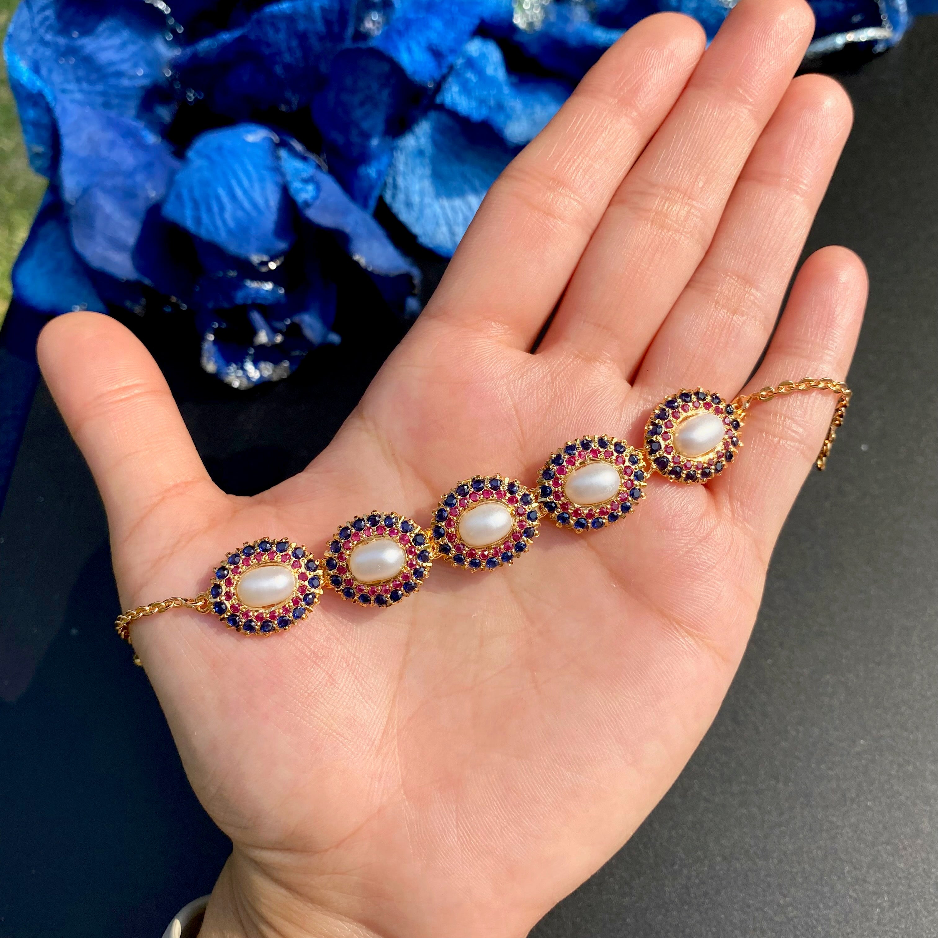 Product Title: Ruby-Sapphire Pearl Oval Jadau Bracelet | Gold Plated on Silver BG 184
