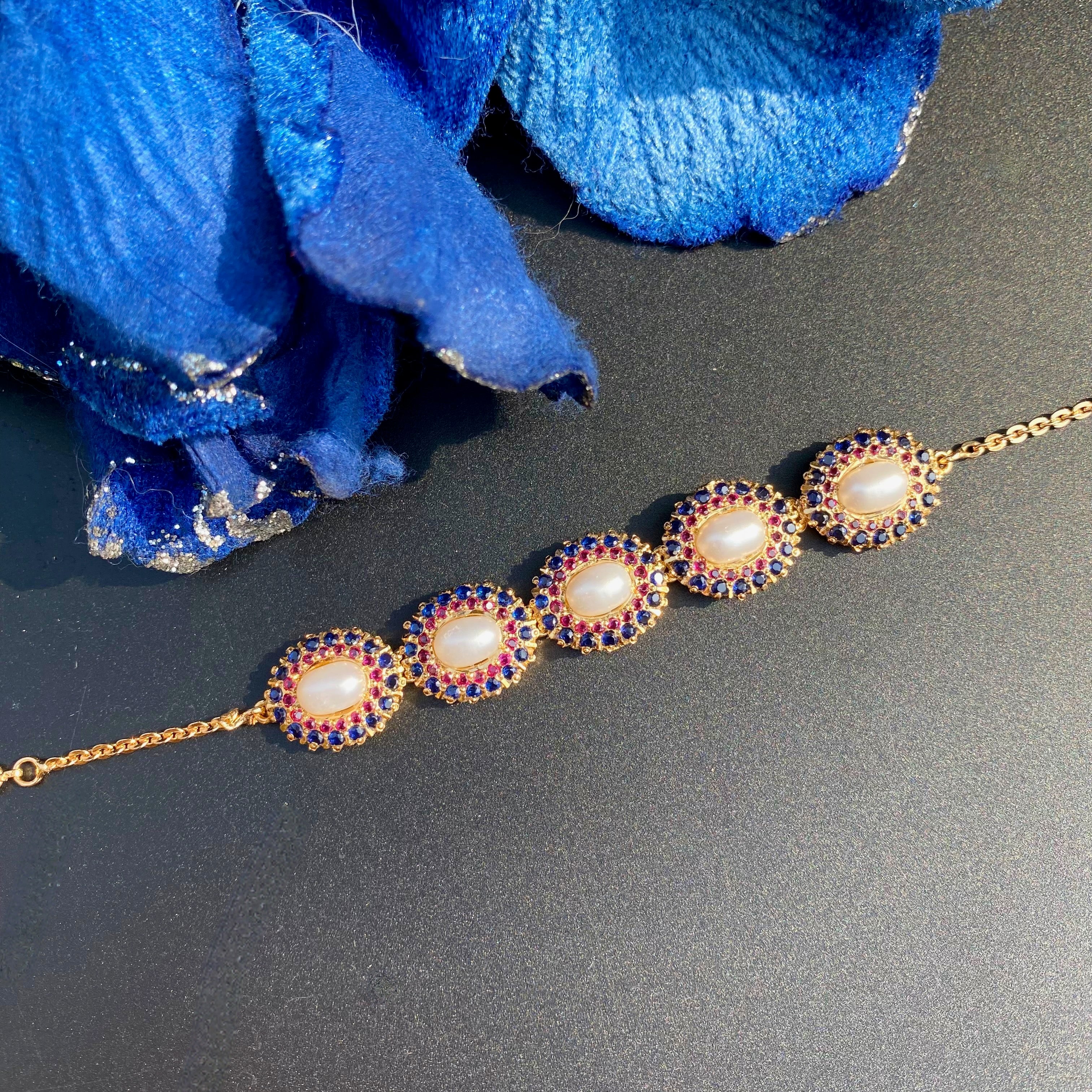 Product Title: Ruby-Sapphire Pearl Oval Jadau Bracelet | Gold Plated on Silver BG 184