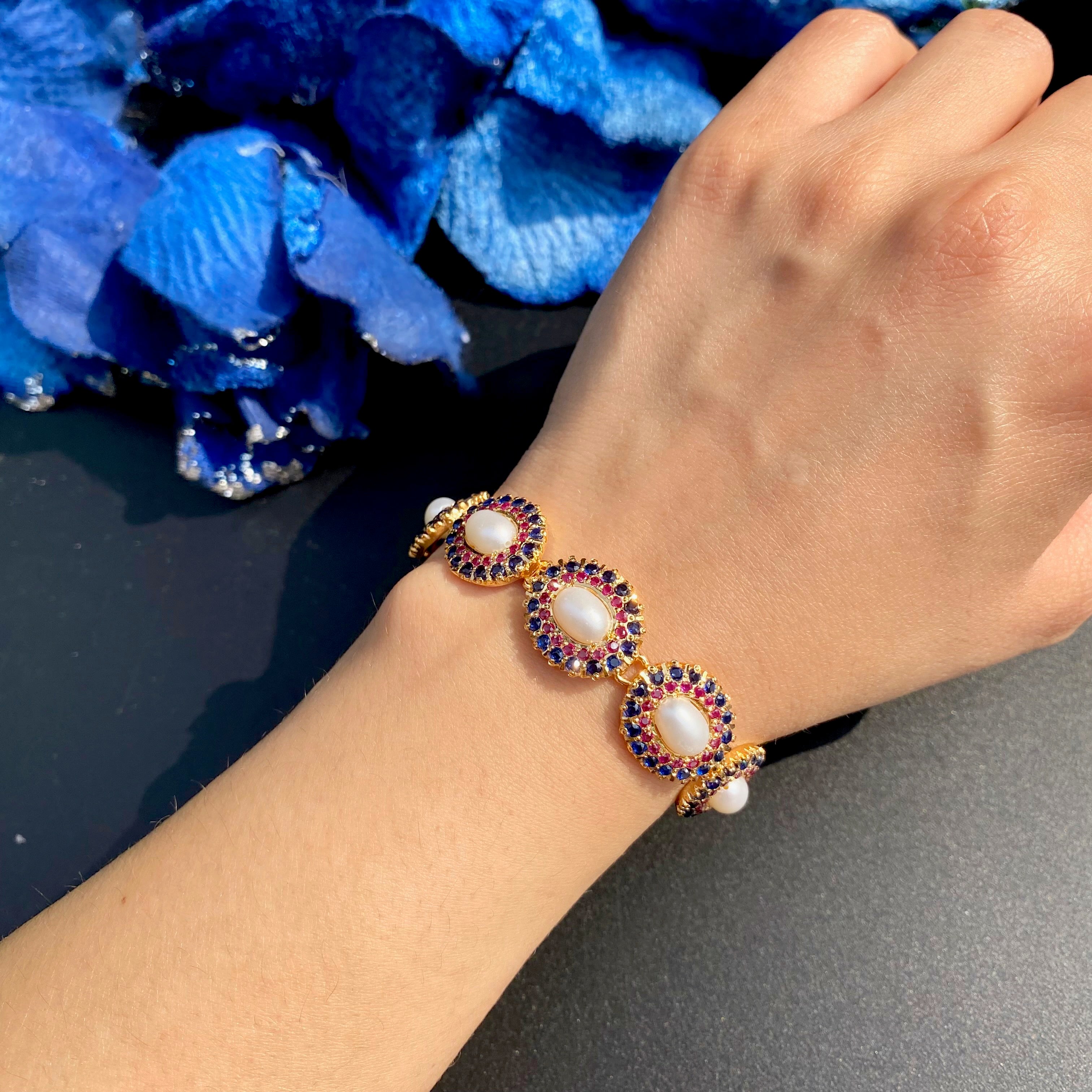 Product Title: Ruby-Sapphire Pearl Oval Jadau Bracelet | Gold Plated on Silver BG 184