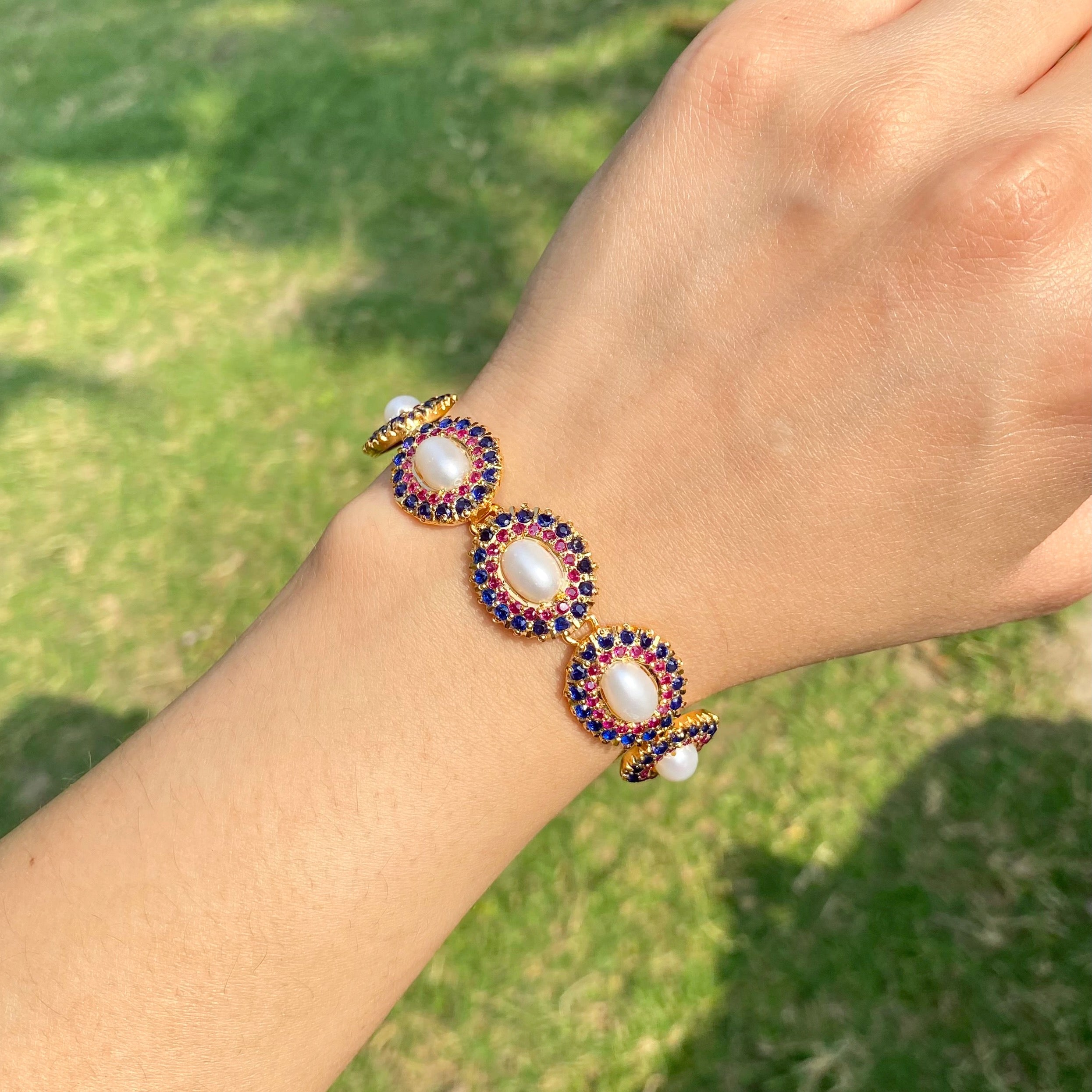 Product Title: Ruby-Sapphire Pearl Oval Jadau Bracelet | Gold Plated on Silver BG 184