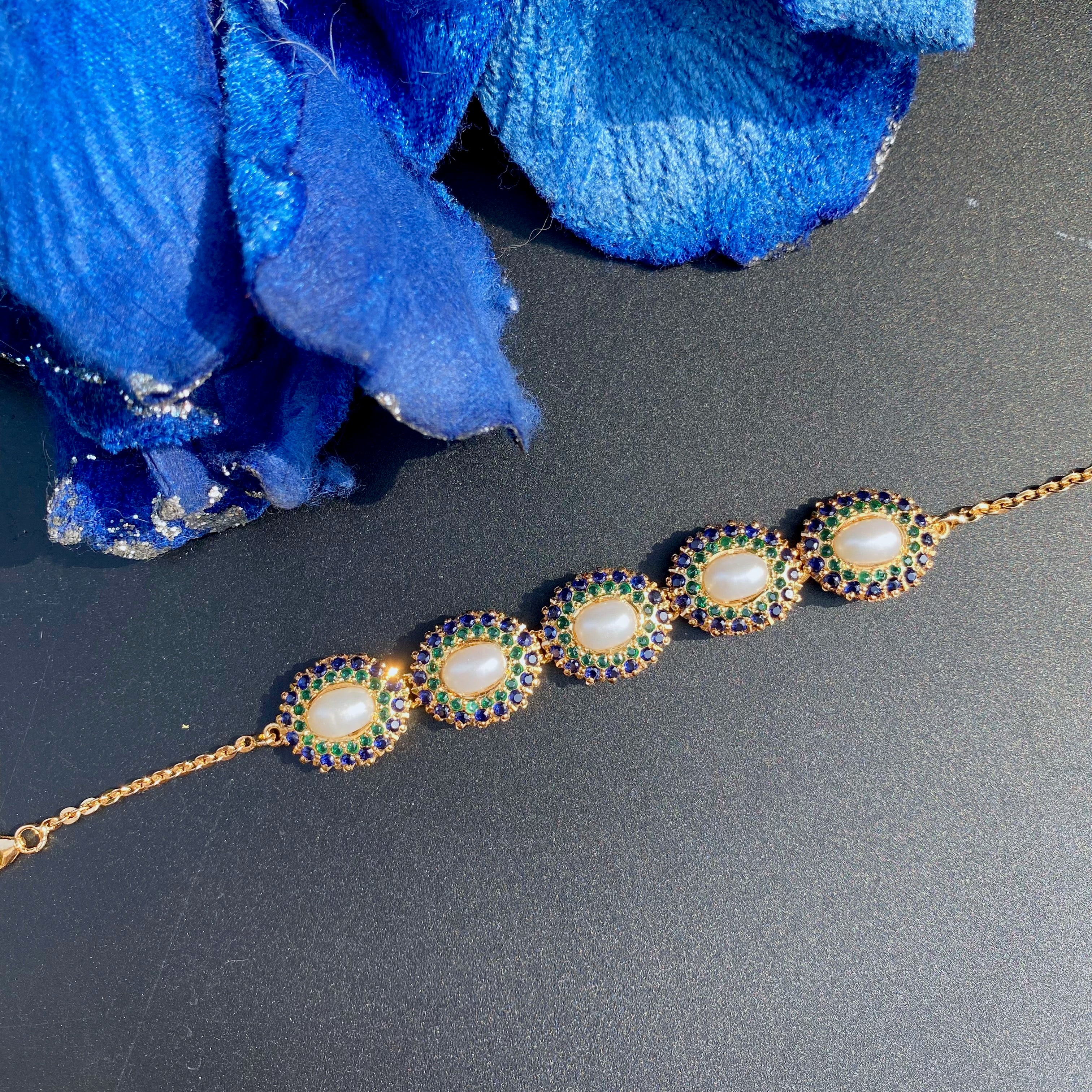 Sapphire-Green Pearl Oval Jadau Bracelet | Gold Plated Silver BG 183