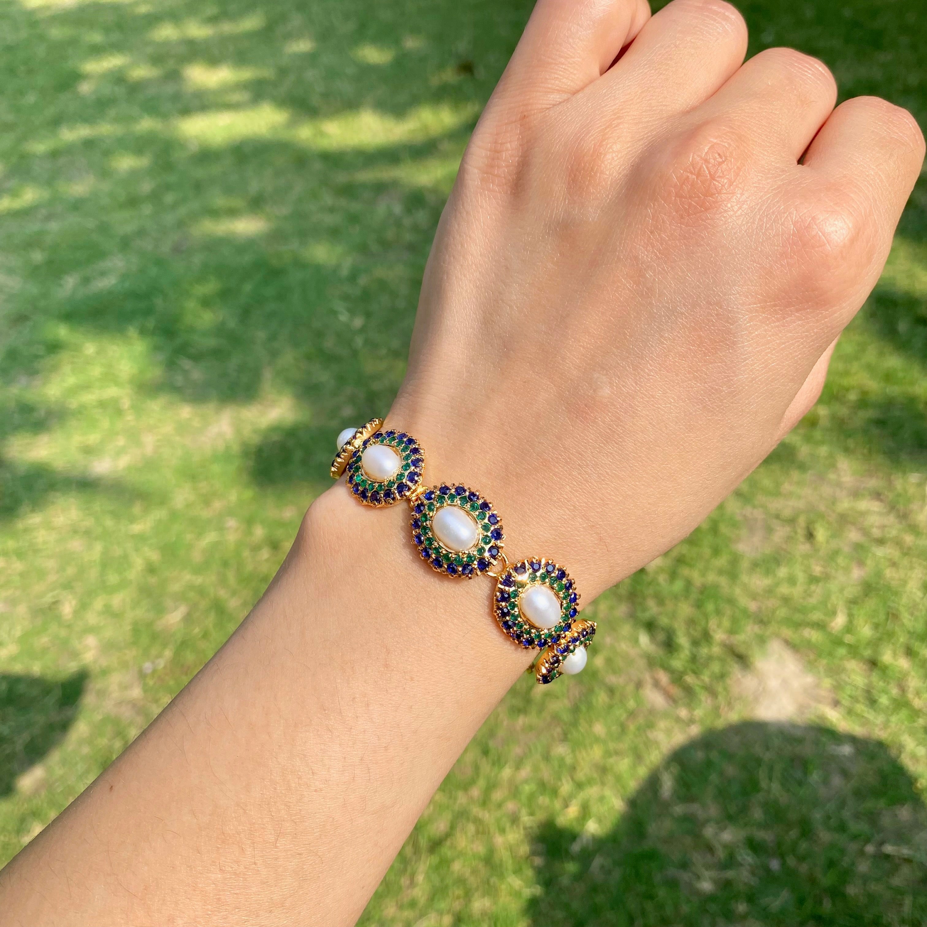 Sapphire-Green Pearl Oval Jadau Bracelet | Gold Plated Silver BG 183