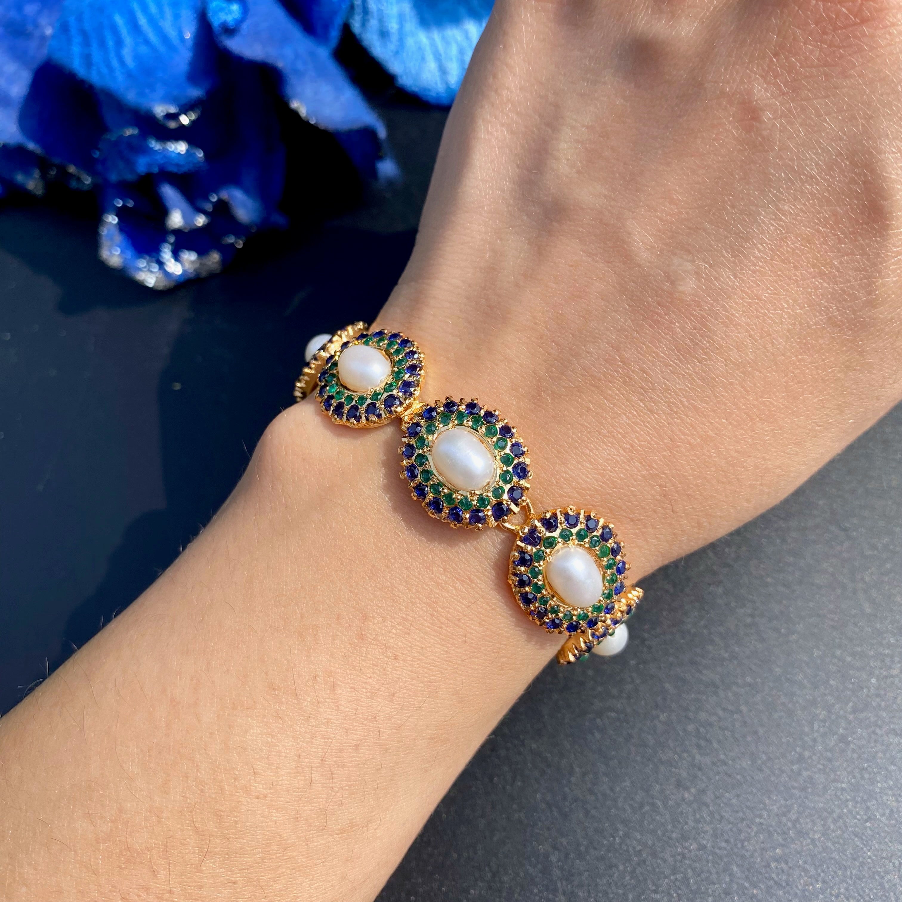 Sapphire-Green Pearl Oval Jadau Bracelet | Gold Plated Silver BG 183