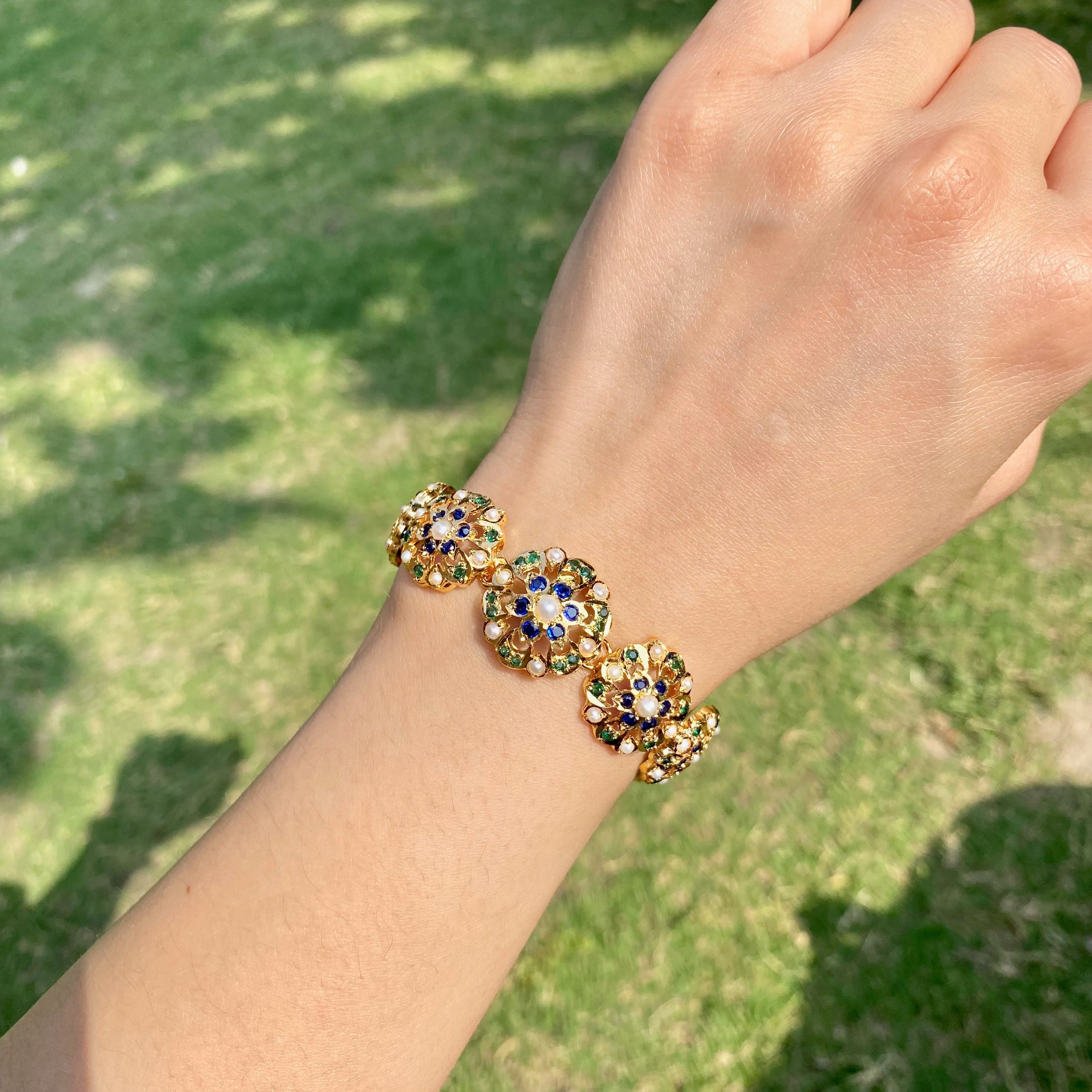 Sapphire-Green Pearl Floral Jadau Bracelet | Gold Plated on 925 Silver BG 182