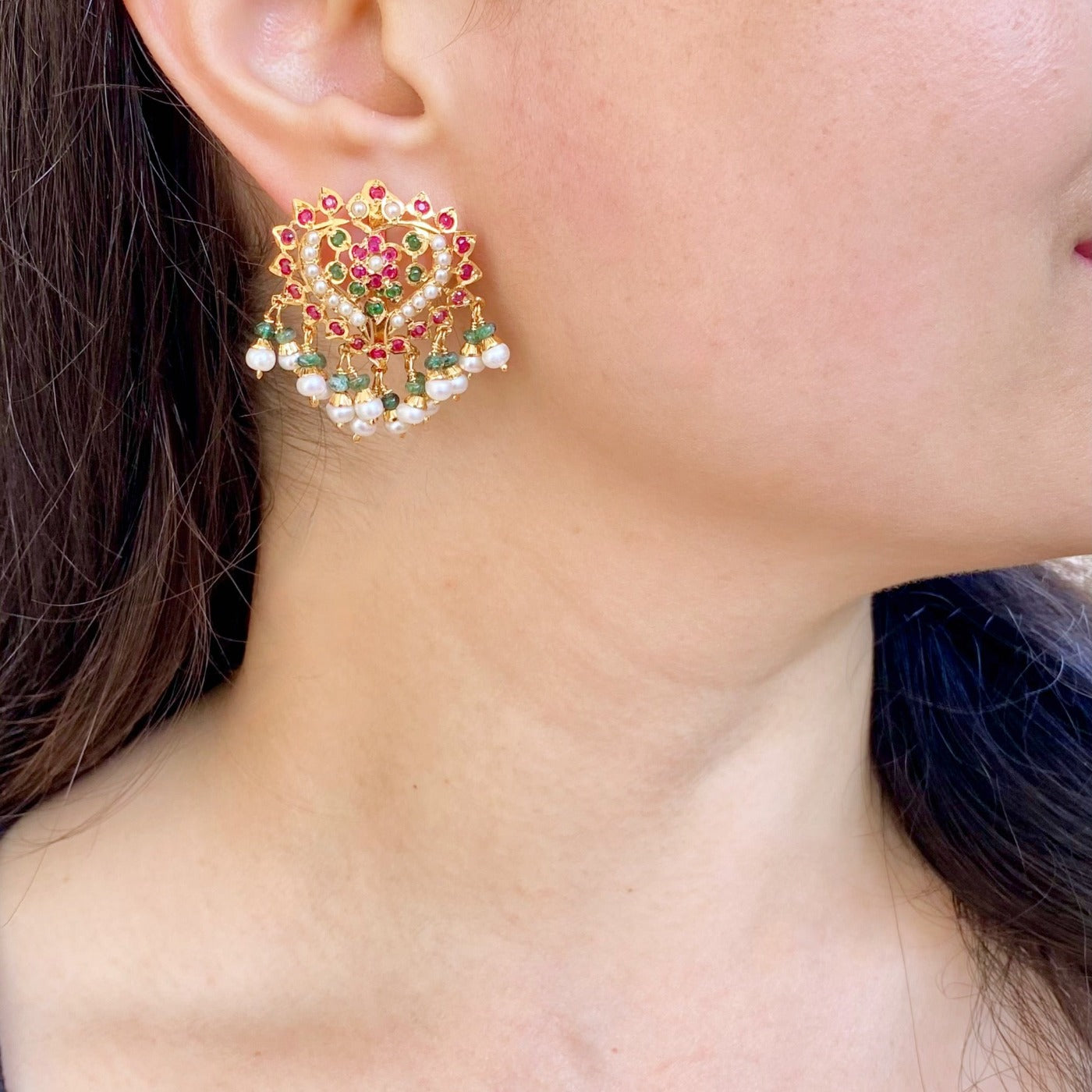Multicoloured Jadau Studs | Gold Plated Stone Tops for Women ER 574