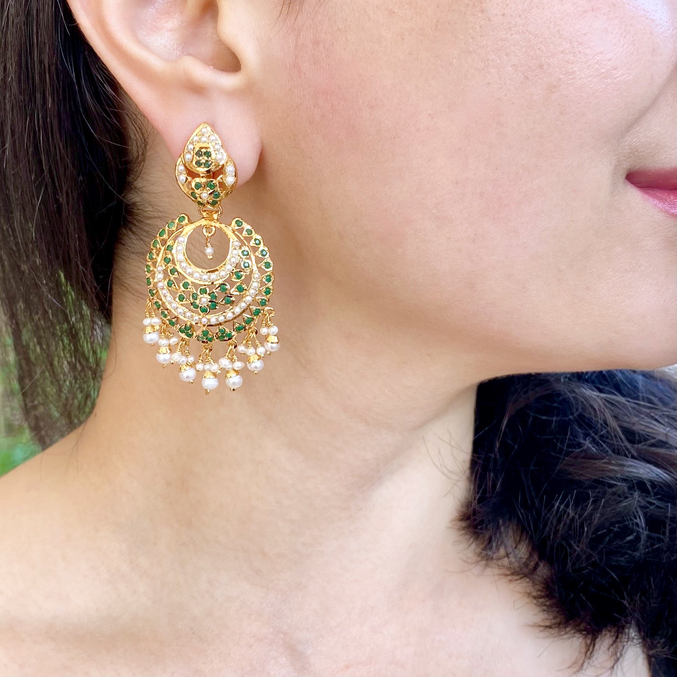 Gold Polished Chandbali Earrings in Emerald and Pearl Combination ER 420