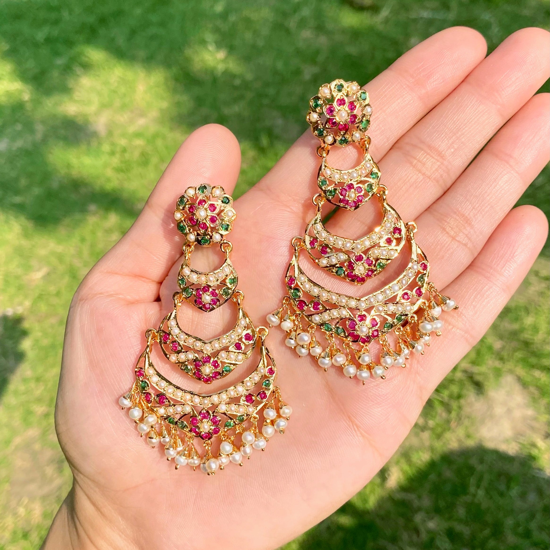 Ruby-Green Pearl Three-Tier Chandbali Earrings | Gold Plated on Silver ER 703