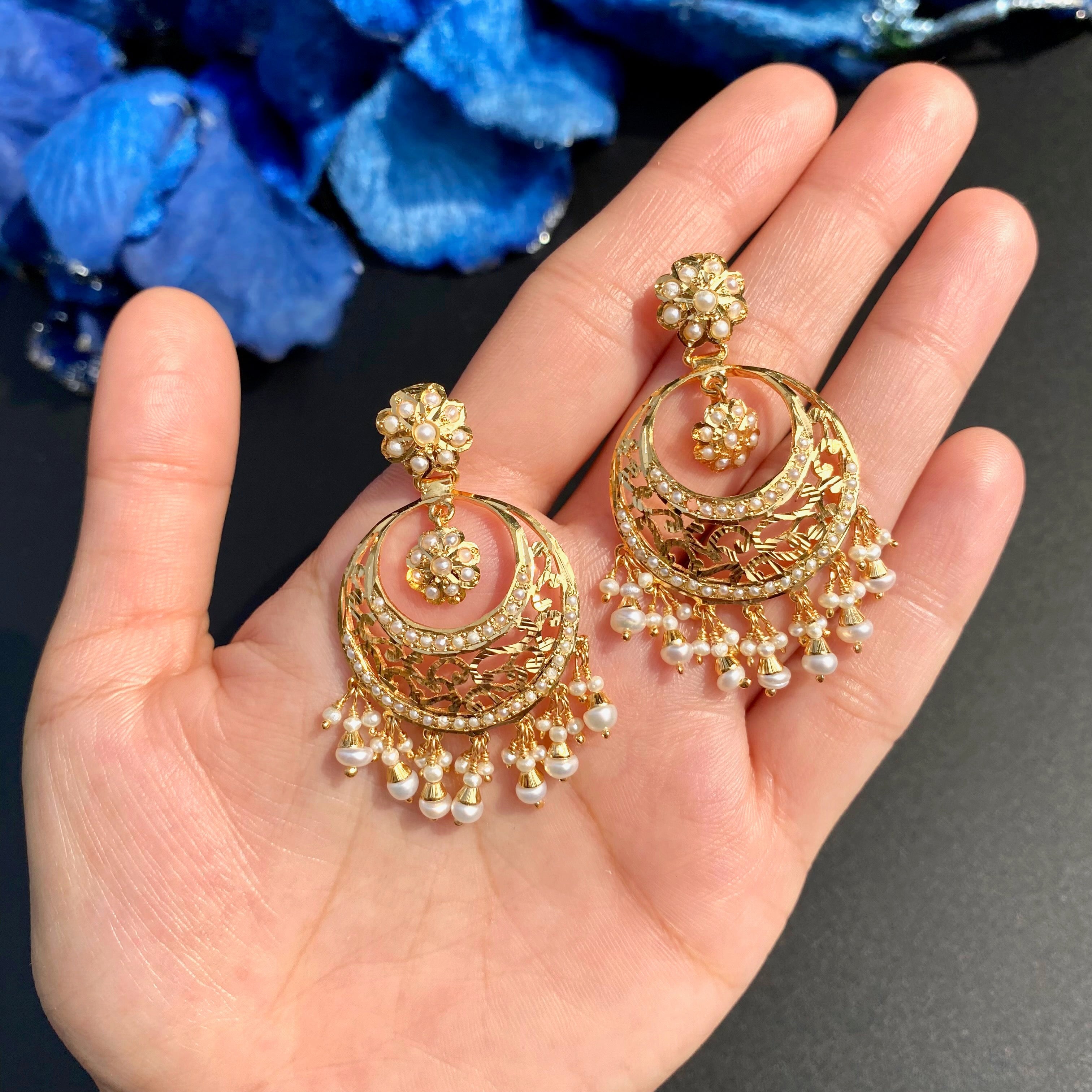 Pearl Openwork Chandbali Earrings | Gold Plated Silver ER 714