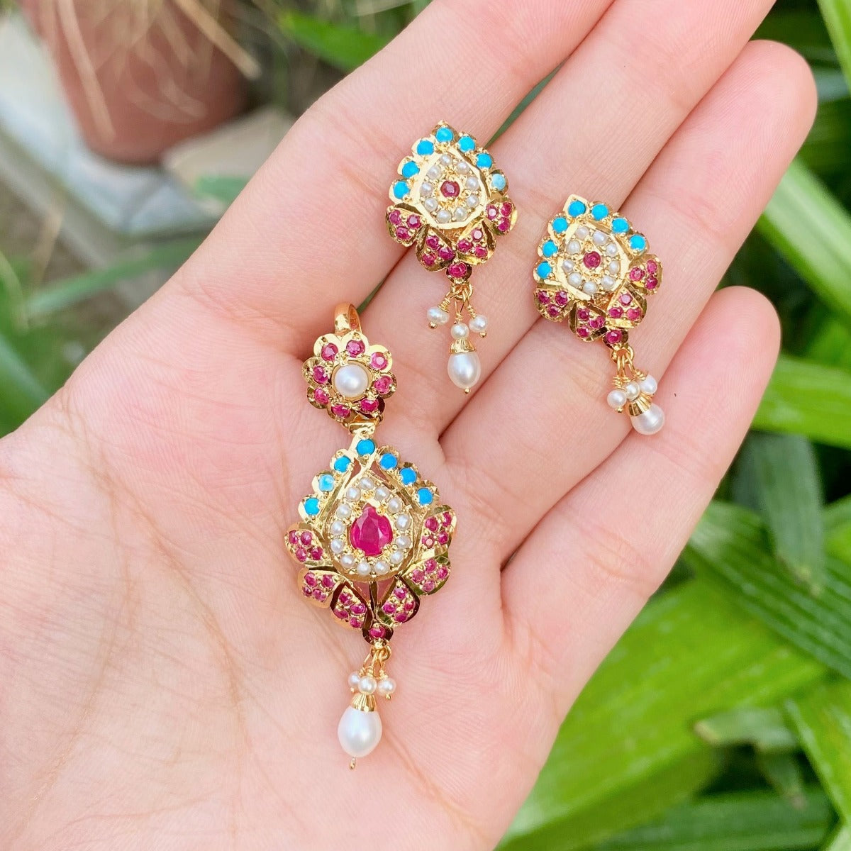 Turquoise Ruby Pearl Pendant Set in Gold Plated Silver PS 100