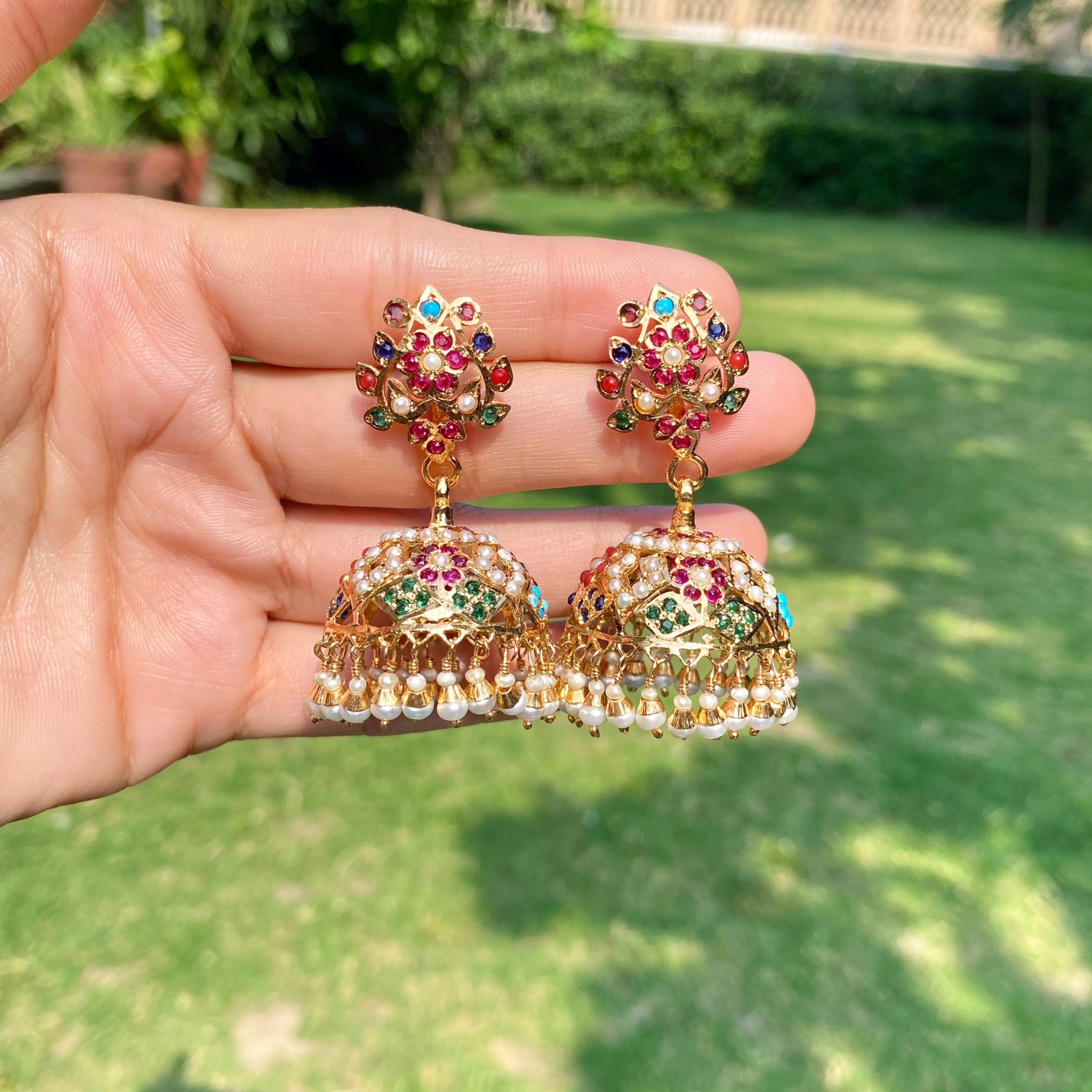 Navratna Pearl Jadau Jhumka Earrings | Gold Plated 925 Silver ER 708