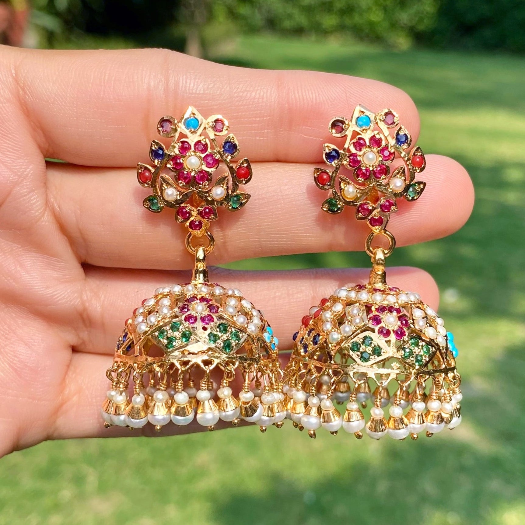 Navratna Pearl Jadau Jhumka Earrings | Gold Plated 925 Silver ER 708