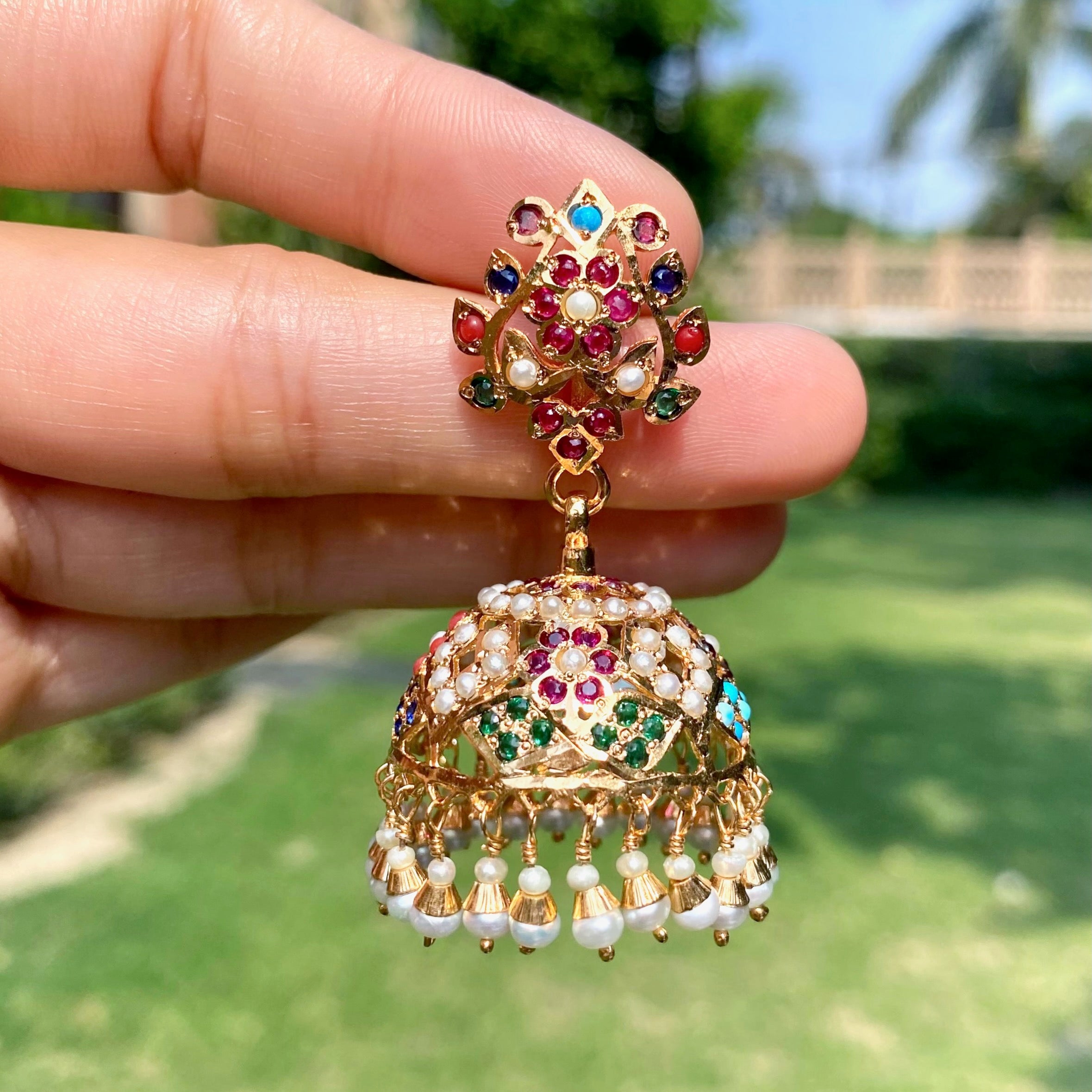 Navratna Pearl Jadau Jhumka Earrings | Gold Plated 925 Silver ER 708