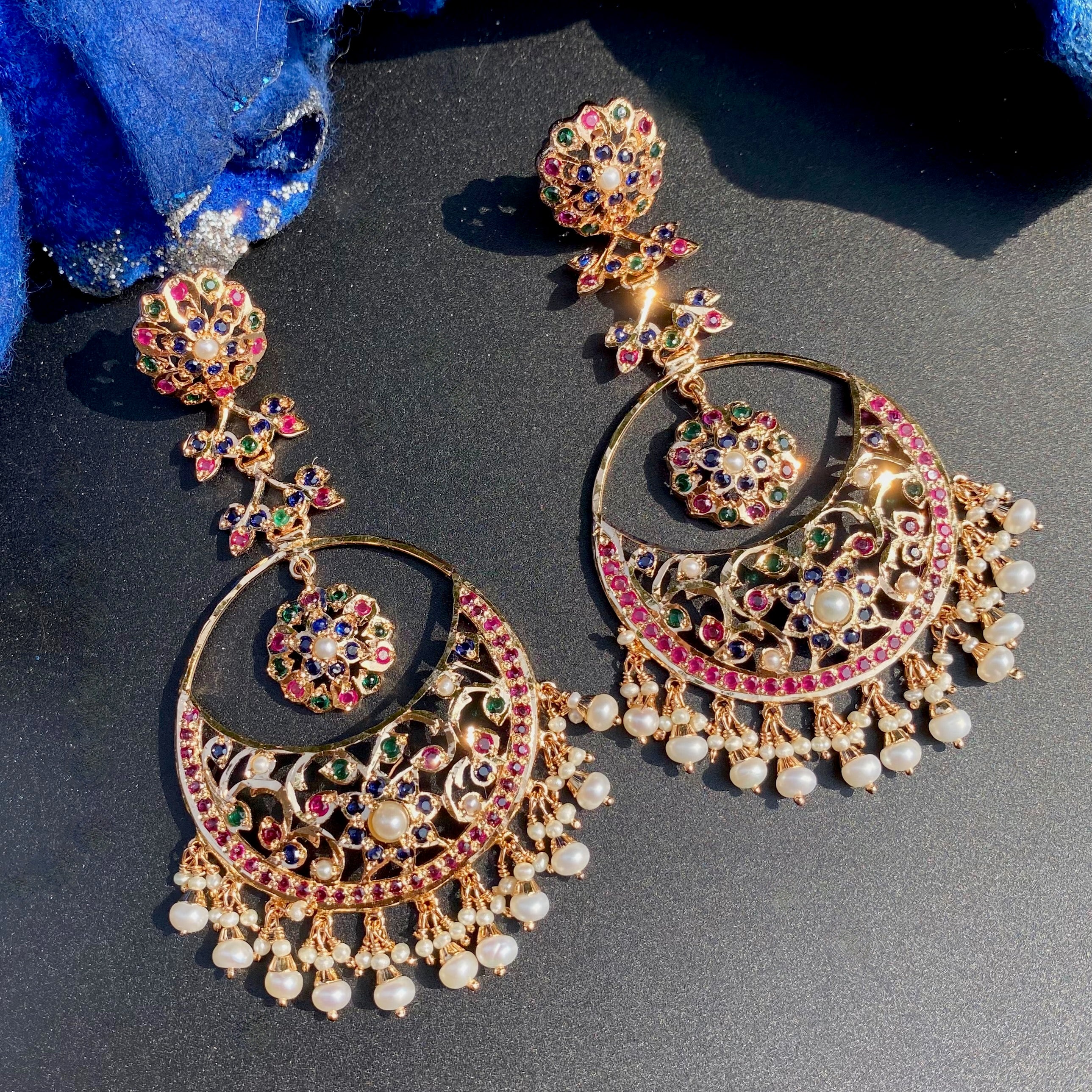 Statement Multicolored Chandbali Earrings | Gold Plated Jadau Jewelry on Silver ER 696