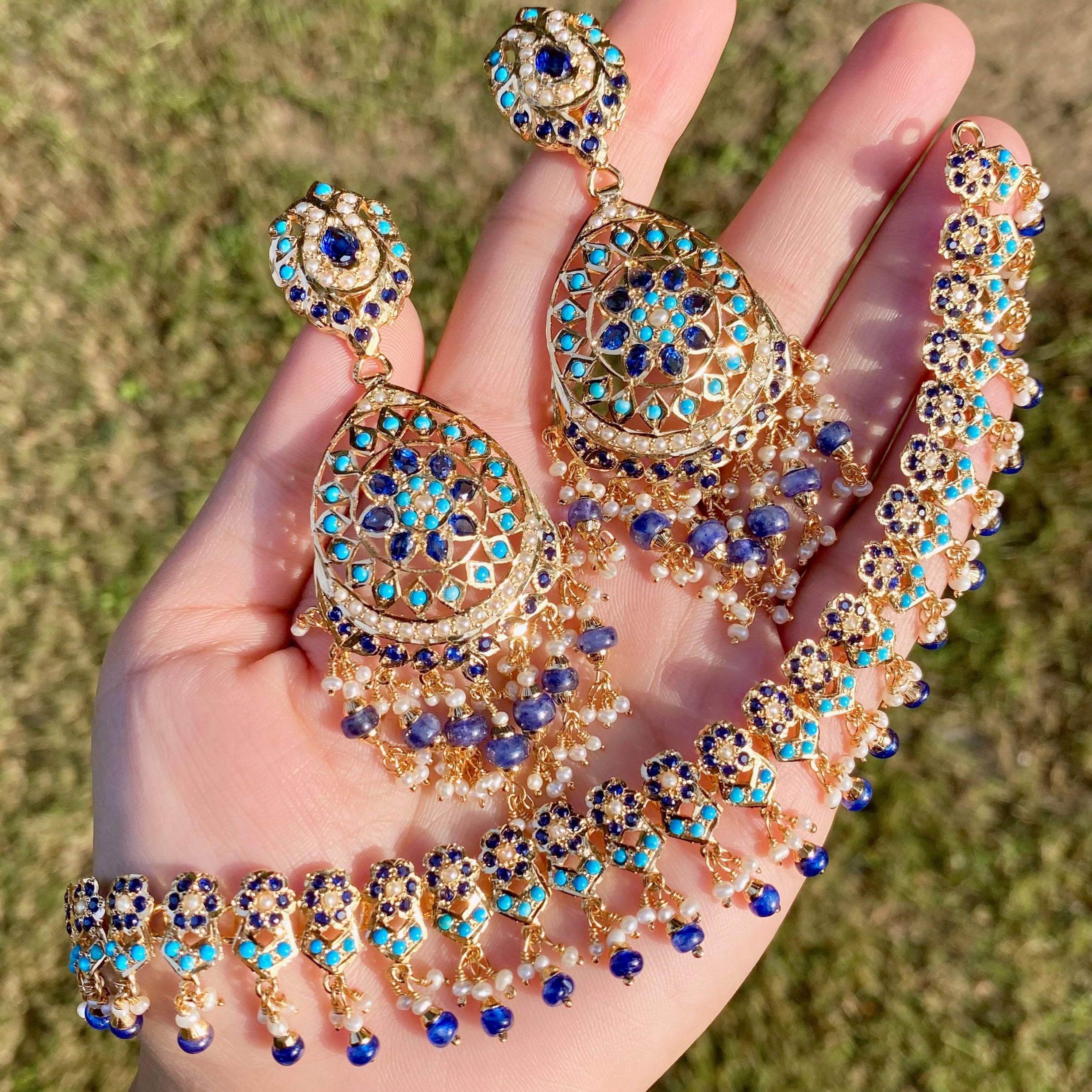 Turquoise Sapphire Pearl Necklace Set | Bohemian Jewellery | Afghani Jewellery | NS 497