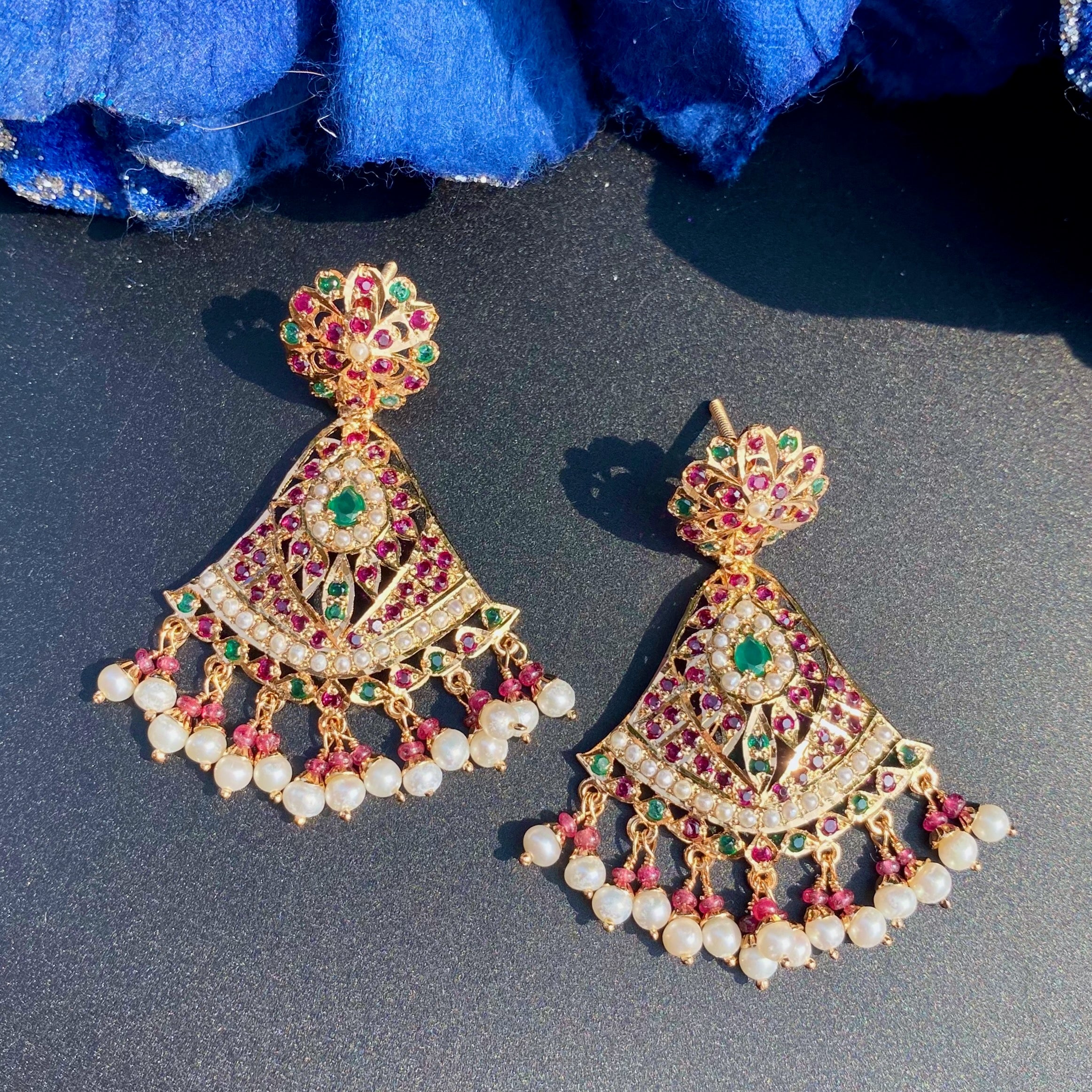 Ruby Emerald Pearl Fan Shaped Jadau Earrings | Gold Plated on 925 Silver ER 702