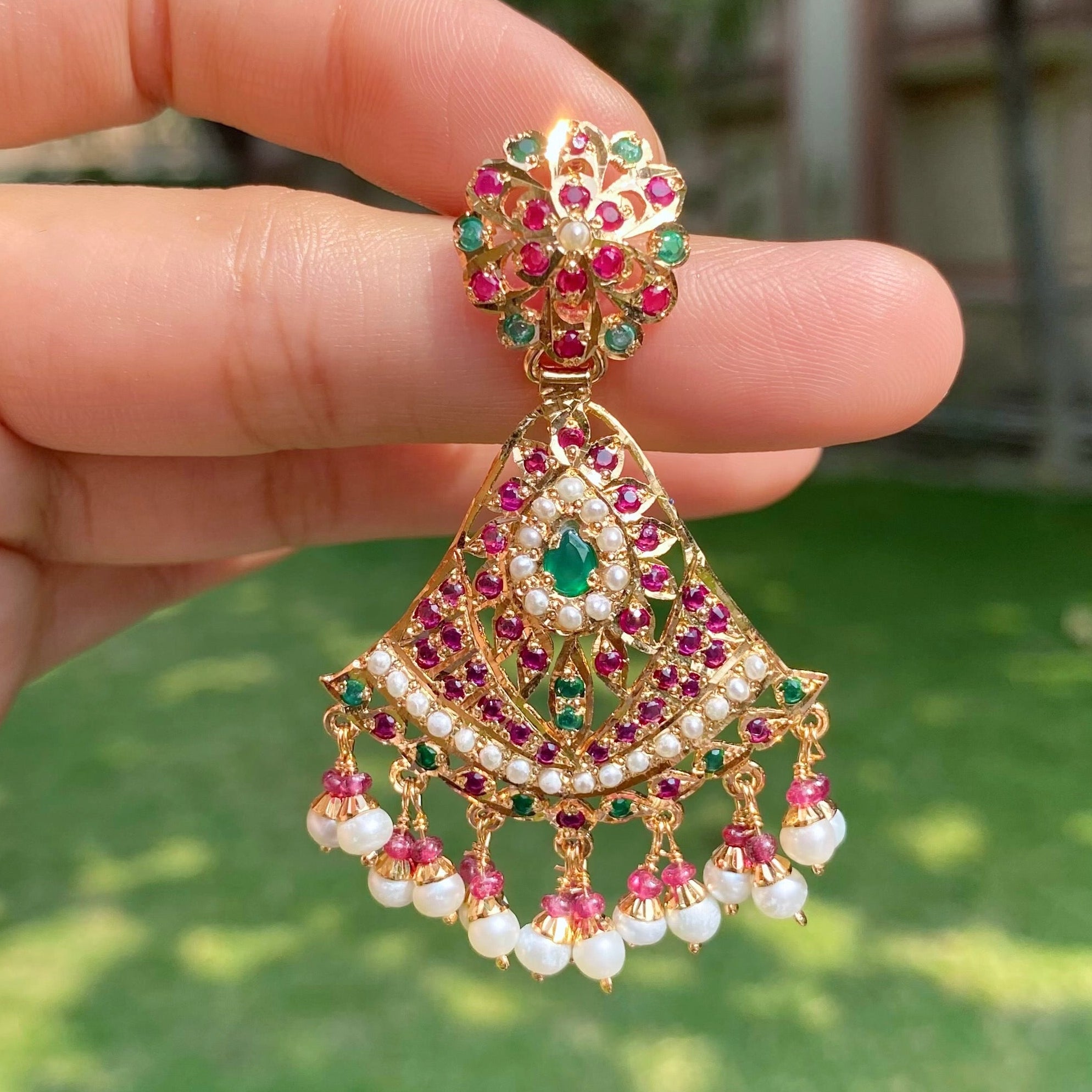 Ruby Emerald Pearl Fan Shaped Jadau Earrings | Gold Plated on 925 Silver ER 702