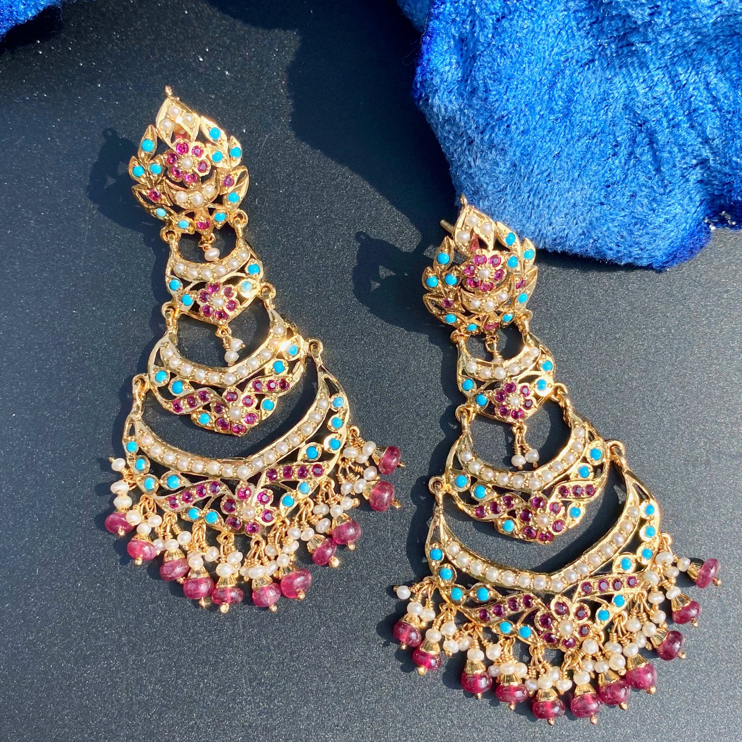 Ruby-Turquoise Pearl Three-Tier Chandbali Earrings | Gold Plated on 925 Silver ER 706