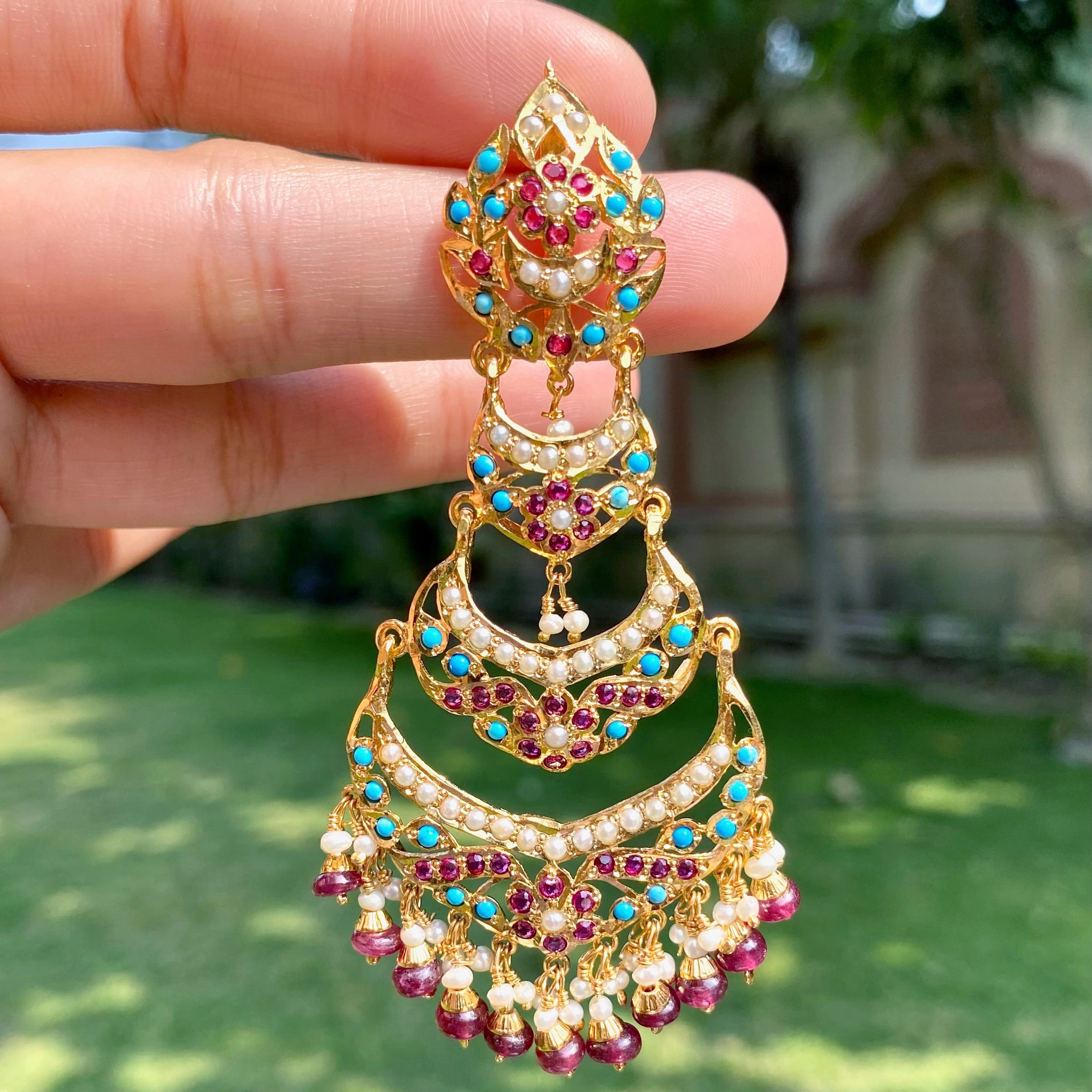 Ruby-Turquoise Pearl Three-Tier Chandbali Earrings | Gold Plated on 925 Silver ER 706