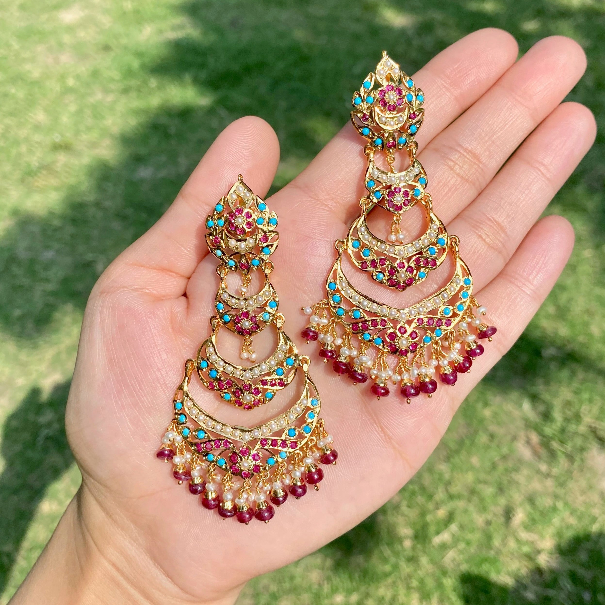 Ruby-Turquoise Pearl Three-Tier Chandbali Earrings | Gold Plated on 925 Silver ER 706