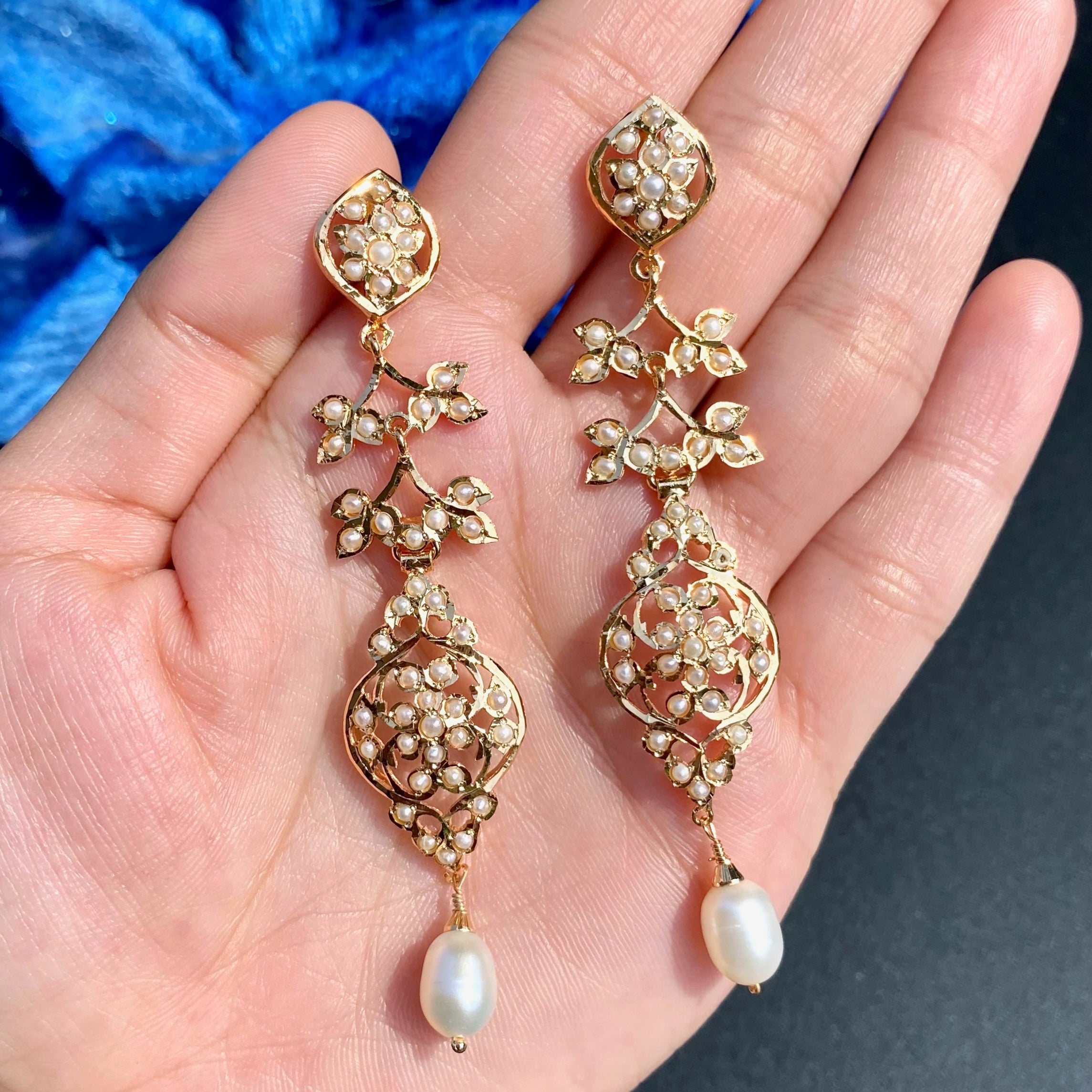 Long Pearl Openwork Jadau Drop Earrings | Gold Plated Silver ER 716