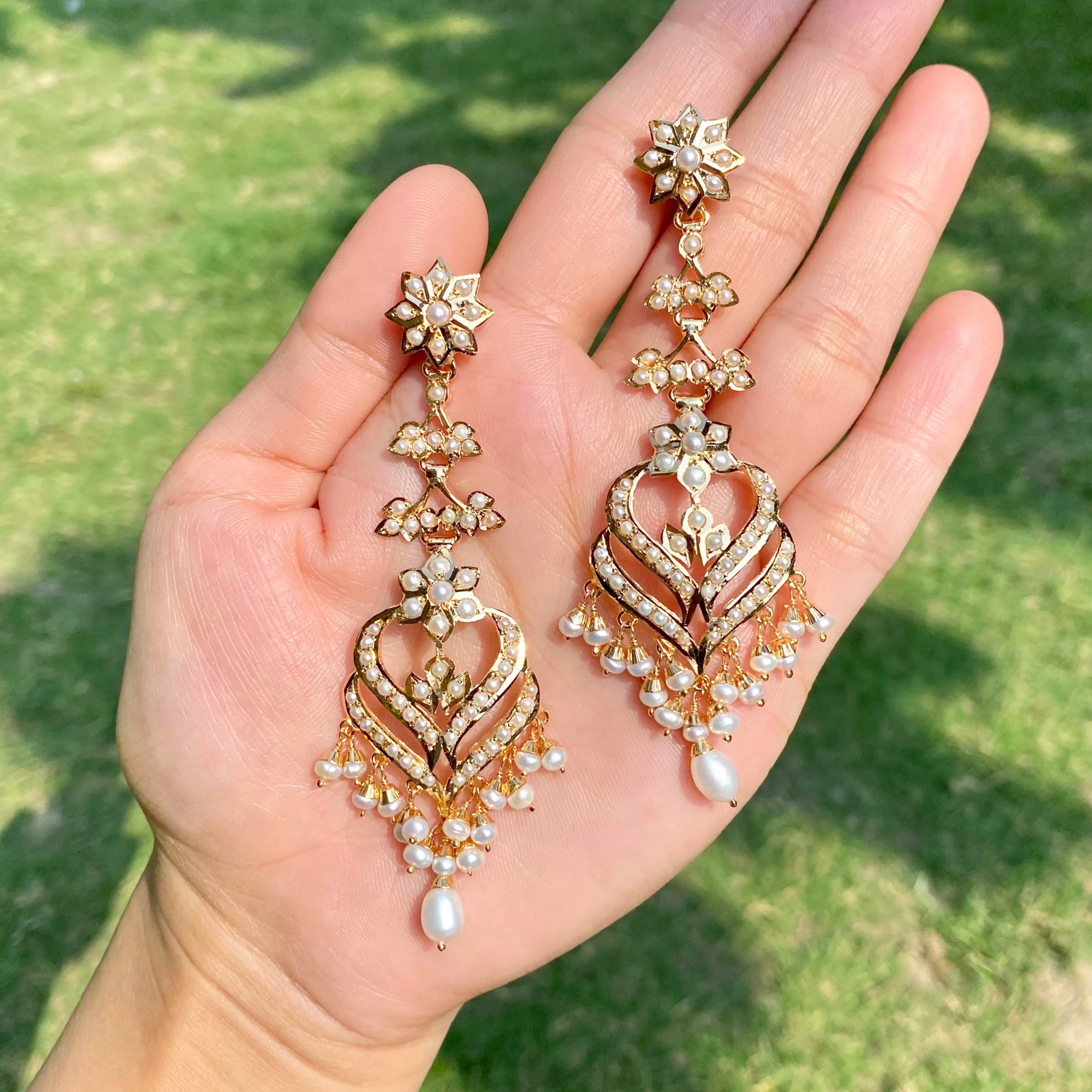 Pearl Lotus Jadau Long Earrings | Gold Plated on Silver ER 704