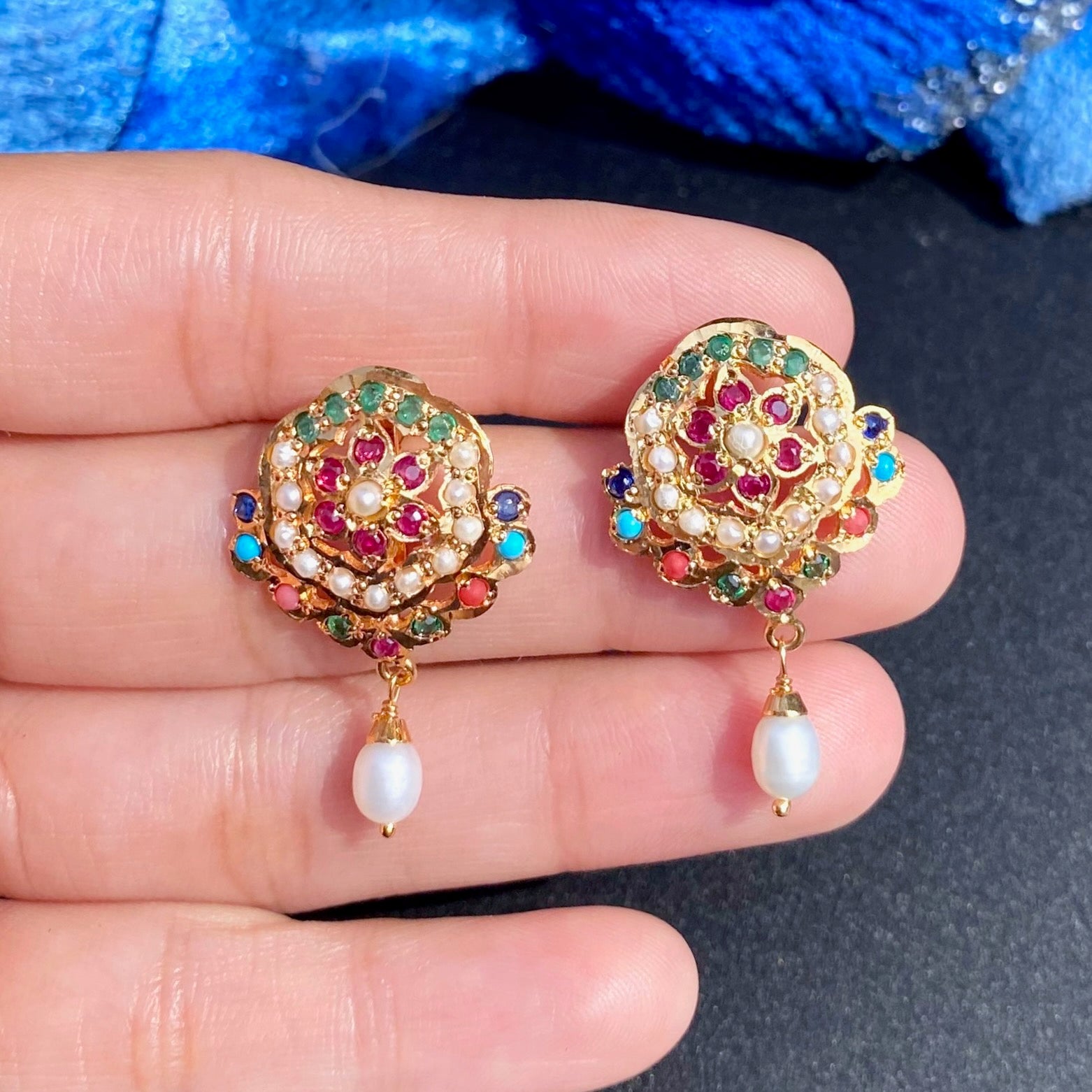 Navratna Pearl Floral Stud Earrings | Gold Plated Silver ER 710