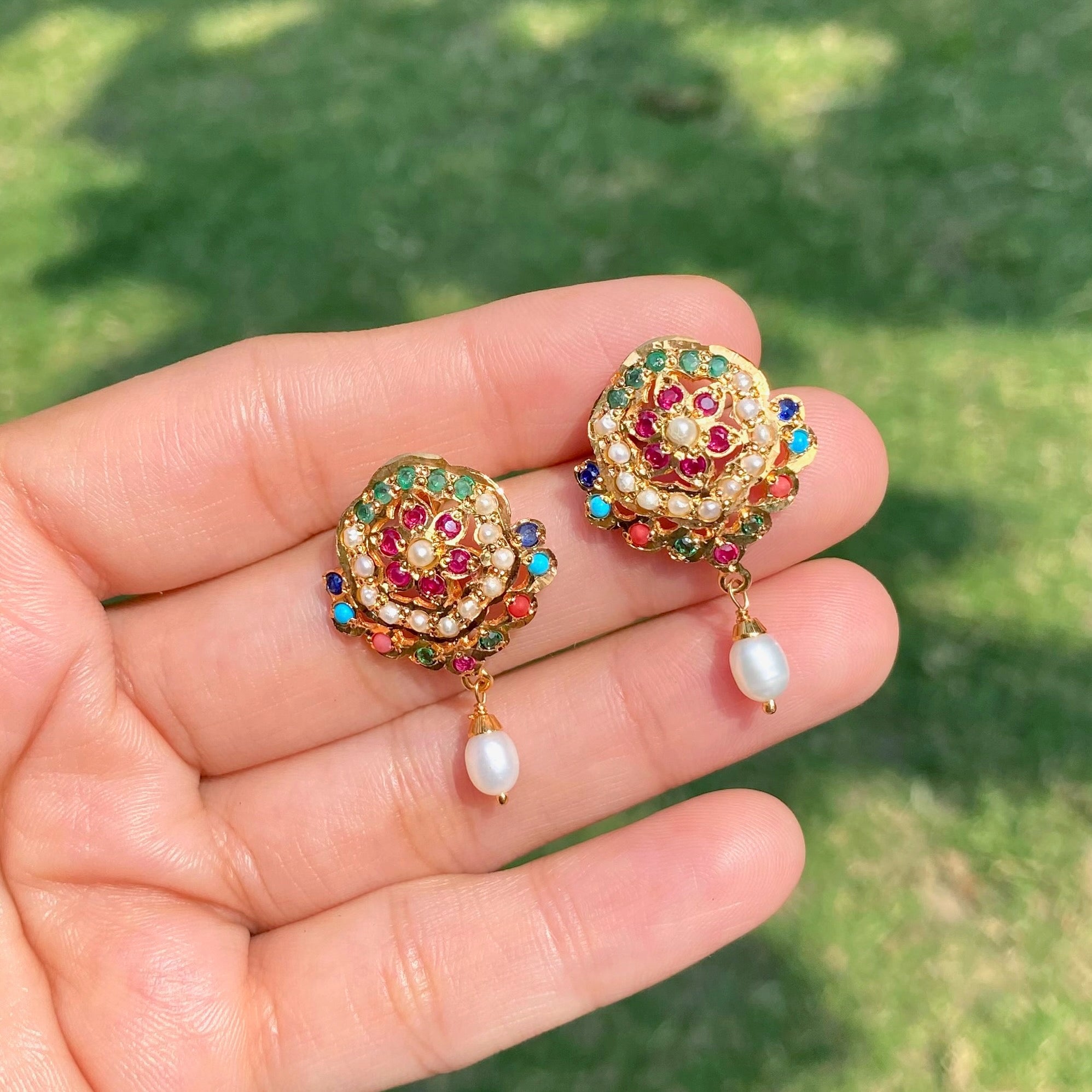 Navratna Pearl Floral Stud Earrings | Gold Plated Silver ER 710