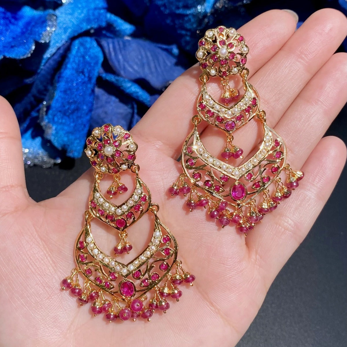 ruby pearl chandbali earrings