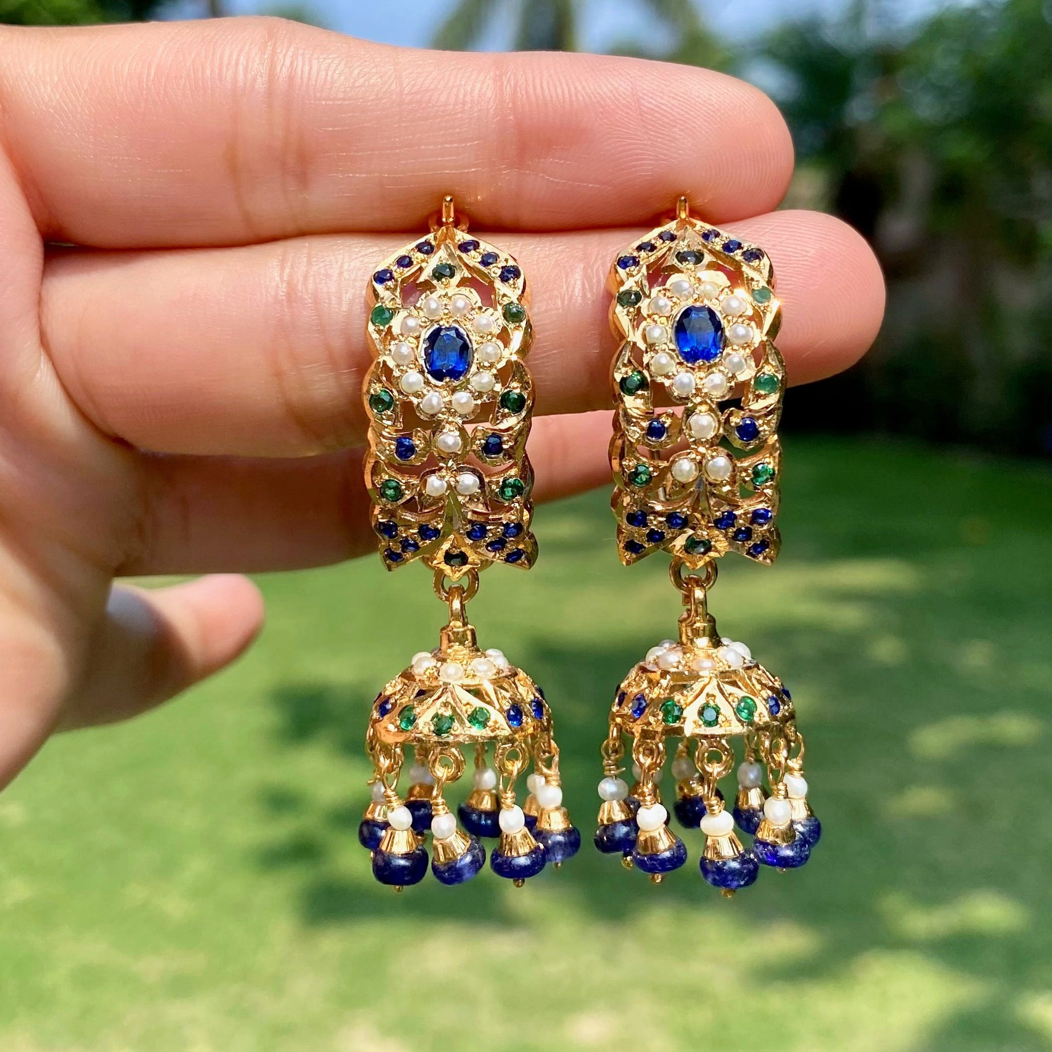 Sapphire-Green Pearl Dandi Jhumki Earrings | Gold Plated Indian Jewelry on Silver Base ER 707