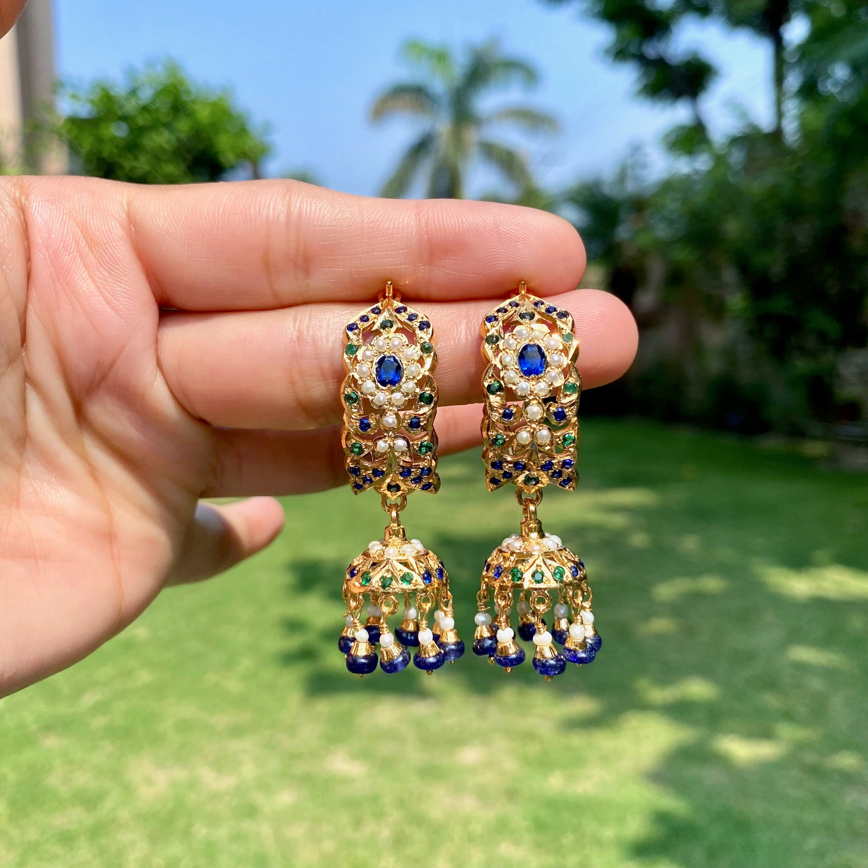 Sapphire-Green Pearl Dandi Jhumki Earrings | Gold Plated Indian Jewelry on Silver Base ER 707