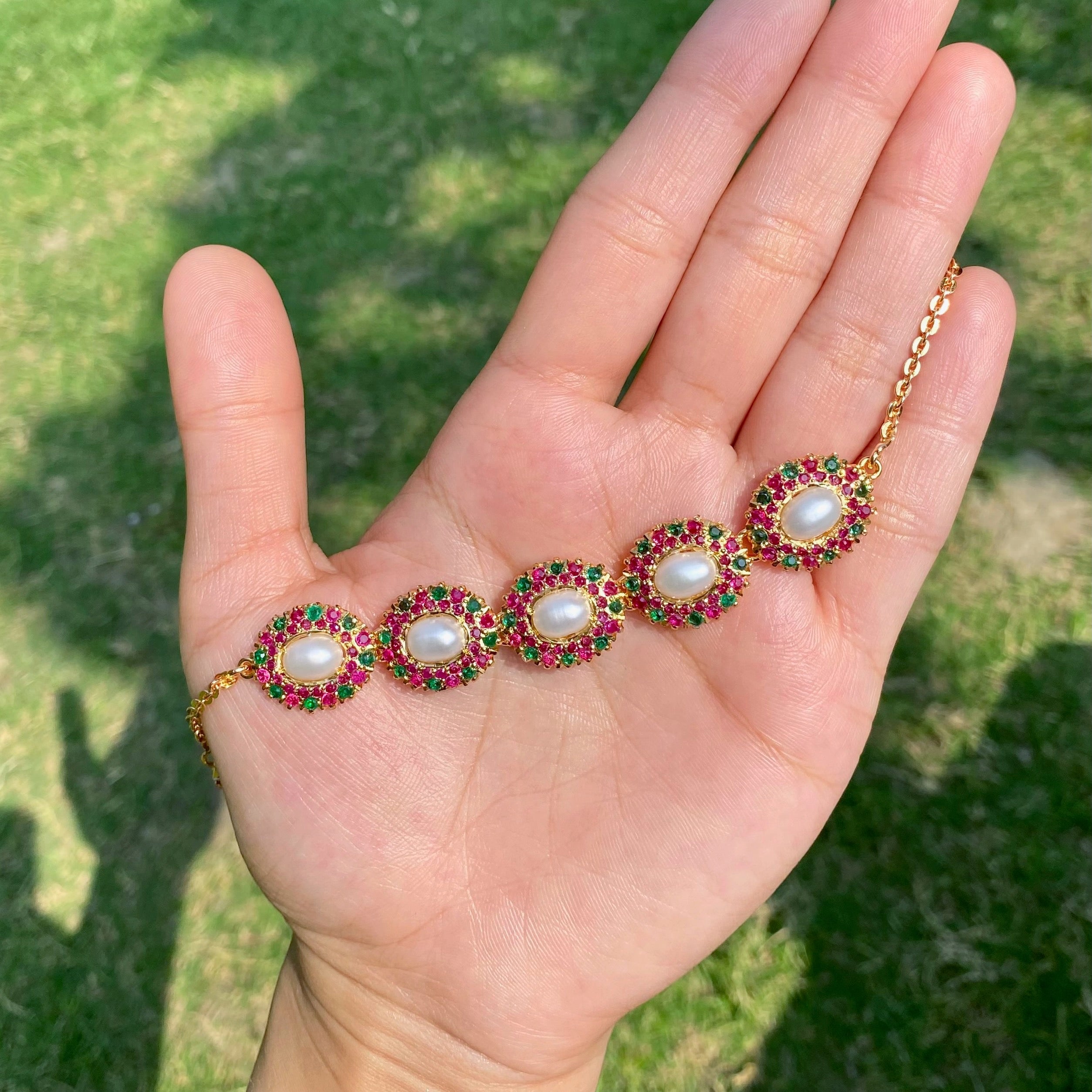 Ruby Pearl Jadau Bracelet | Gold Plated Silver BG 186