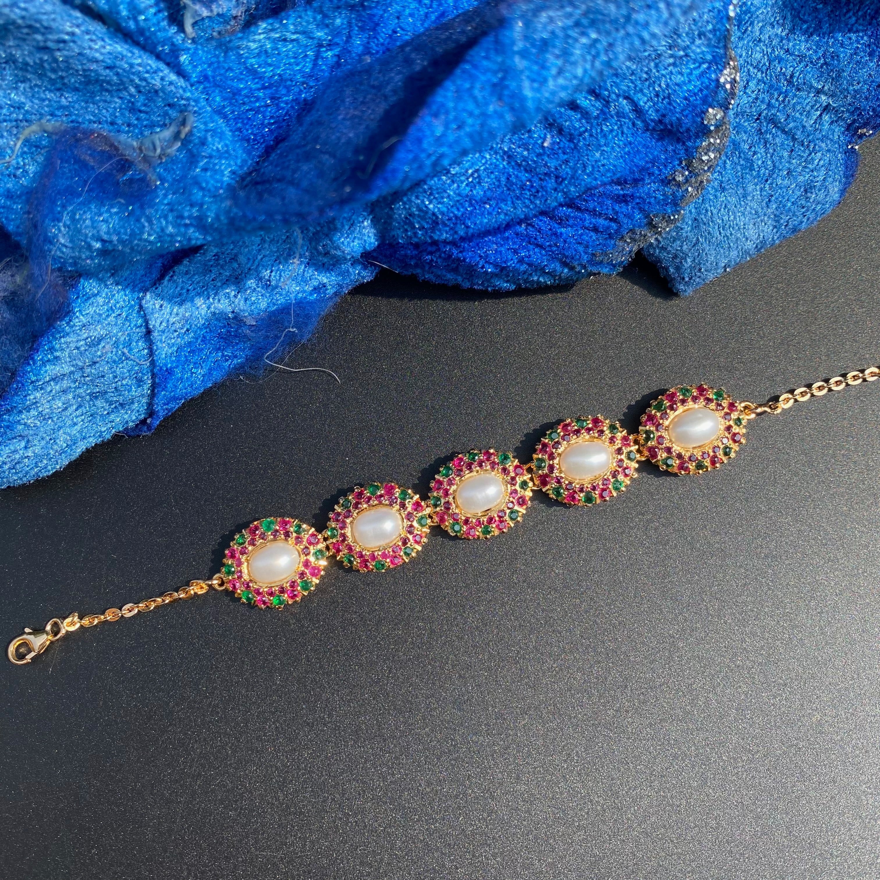 Ruby Pearl Jadau Bracelet | Gold Plated Silver BG 186