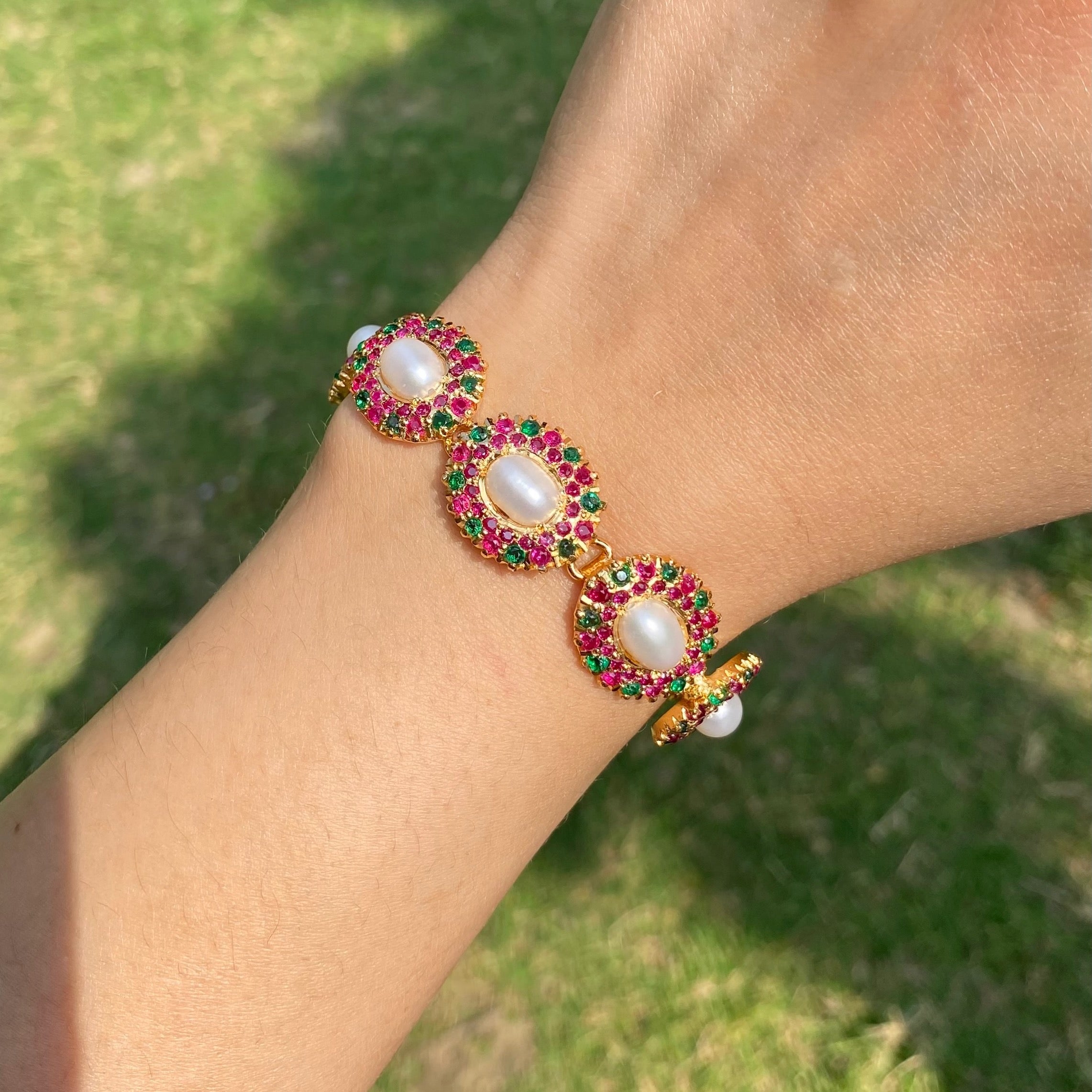 Ruby Pearl Jadau Bracelet | Gold Plated Silver BG 186