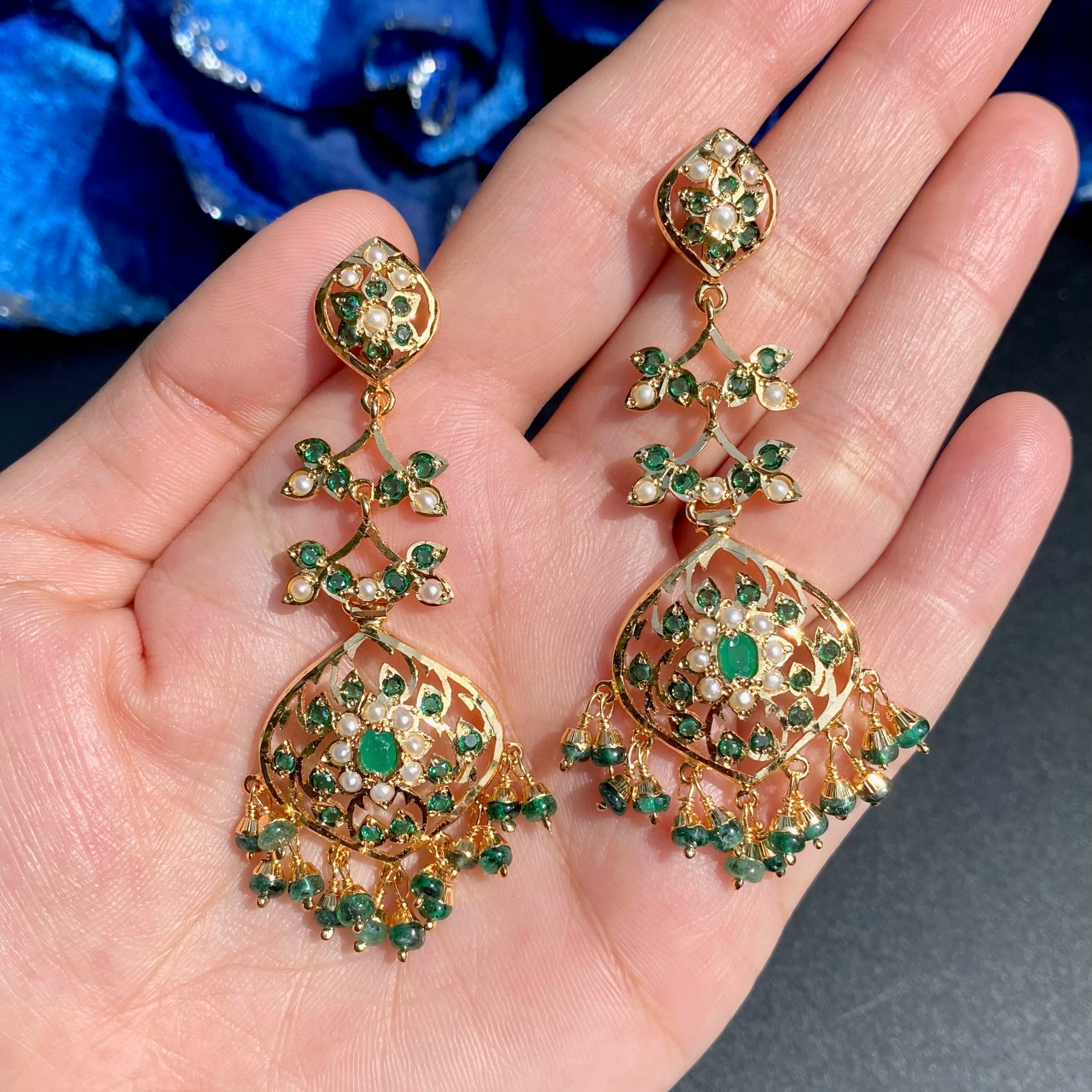 Emerald Green Danglers For Women | Fine Jadau Jewelry on 925 Silver ER 665