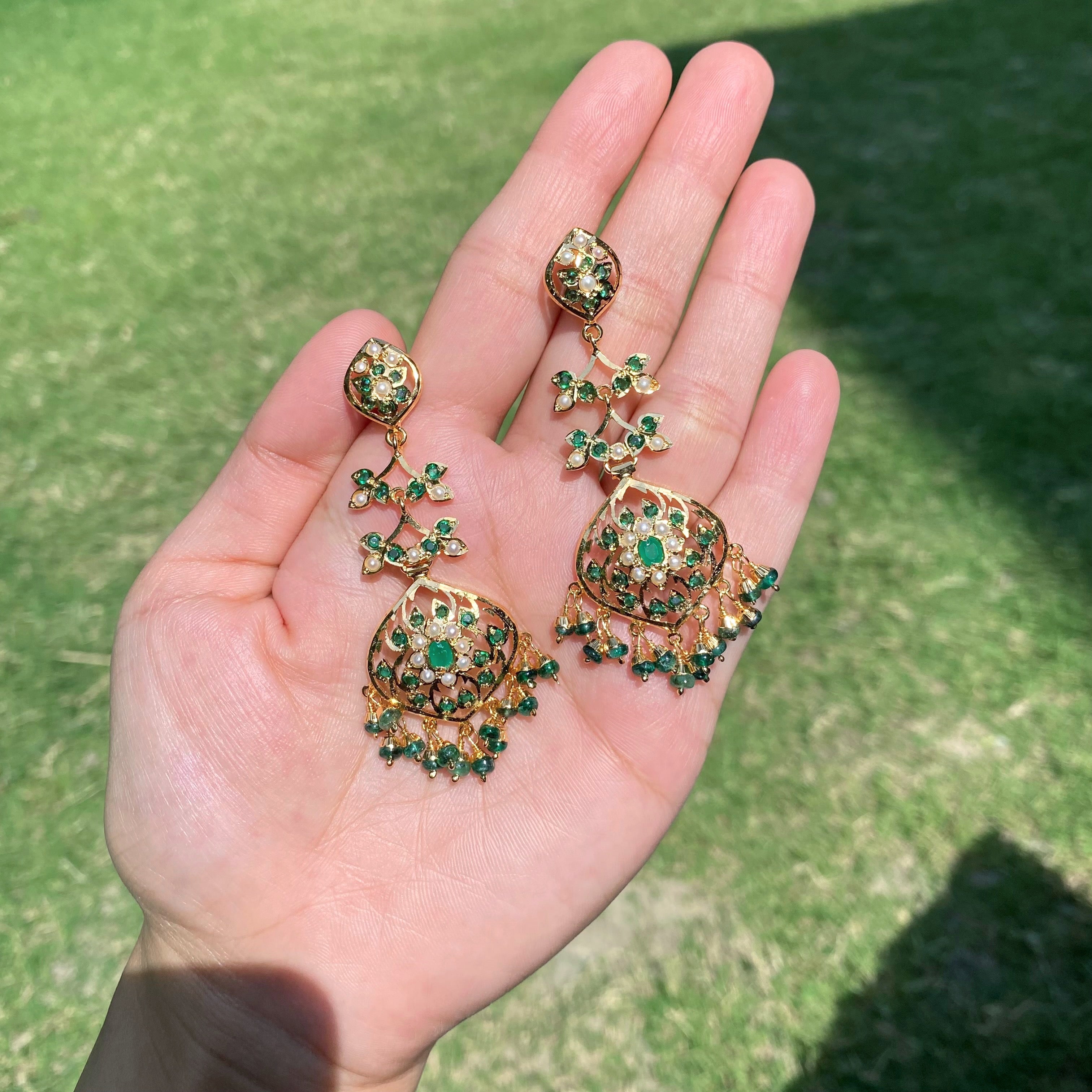 Emerald Green Danglers For Women | Fine Jadau Jewelry on 925 Silver ER 665