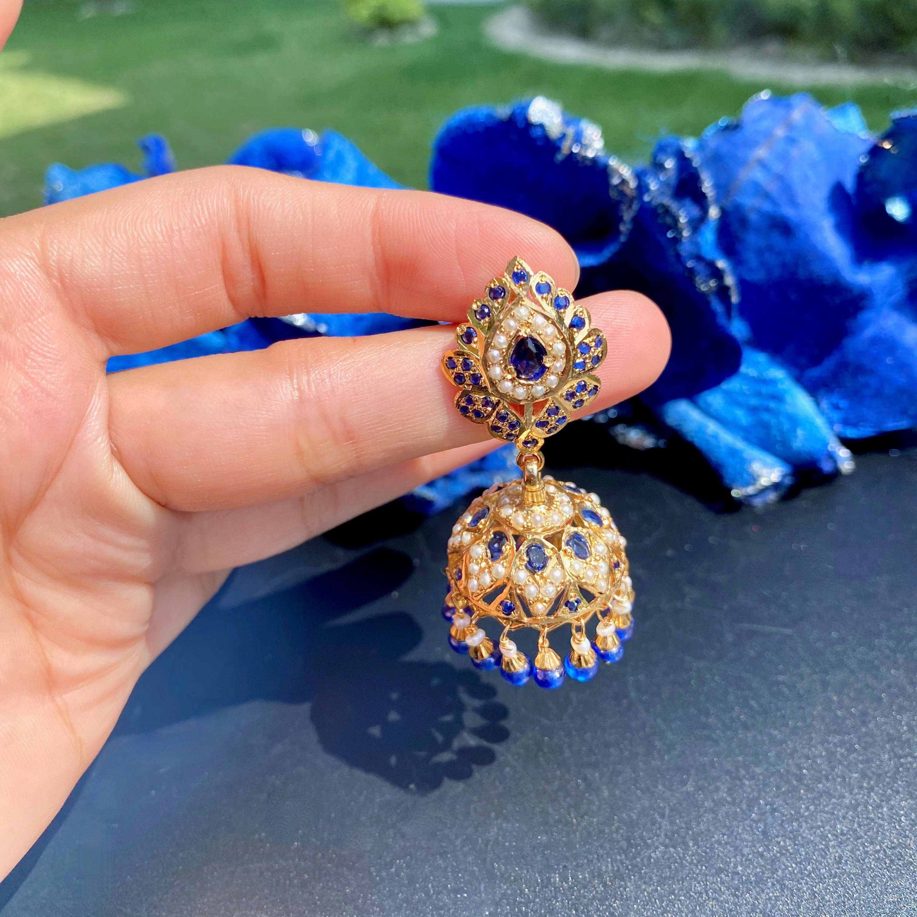Royal Blue Pearl Jadau Jhumka Earrings | Gold Plated Silver ER 712