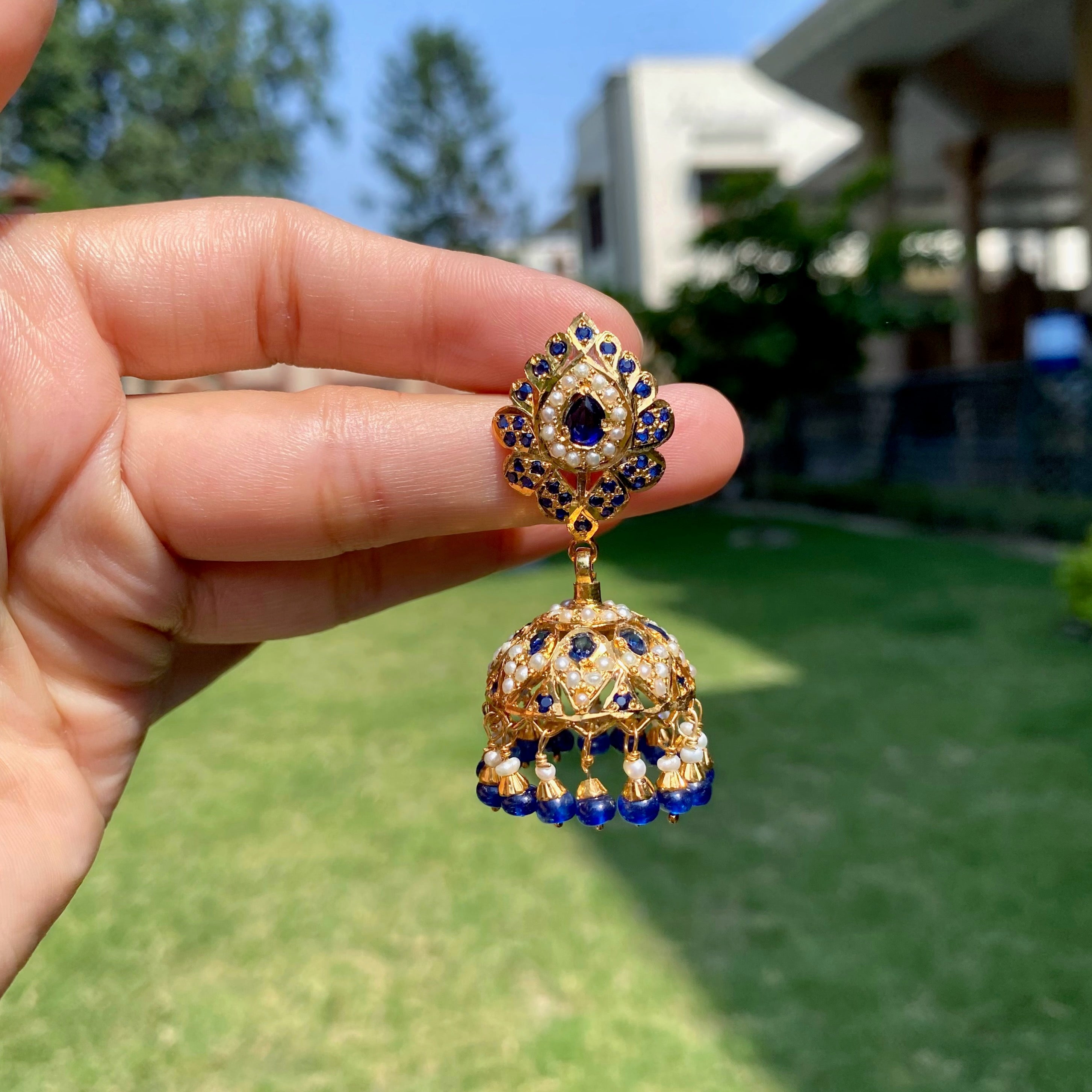 Royal Blue Pearl Jadau Jhumka Earrings | Gold Plated Silver ER 712