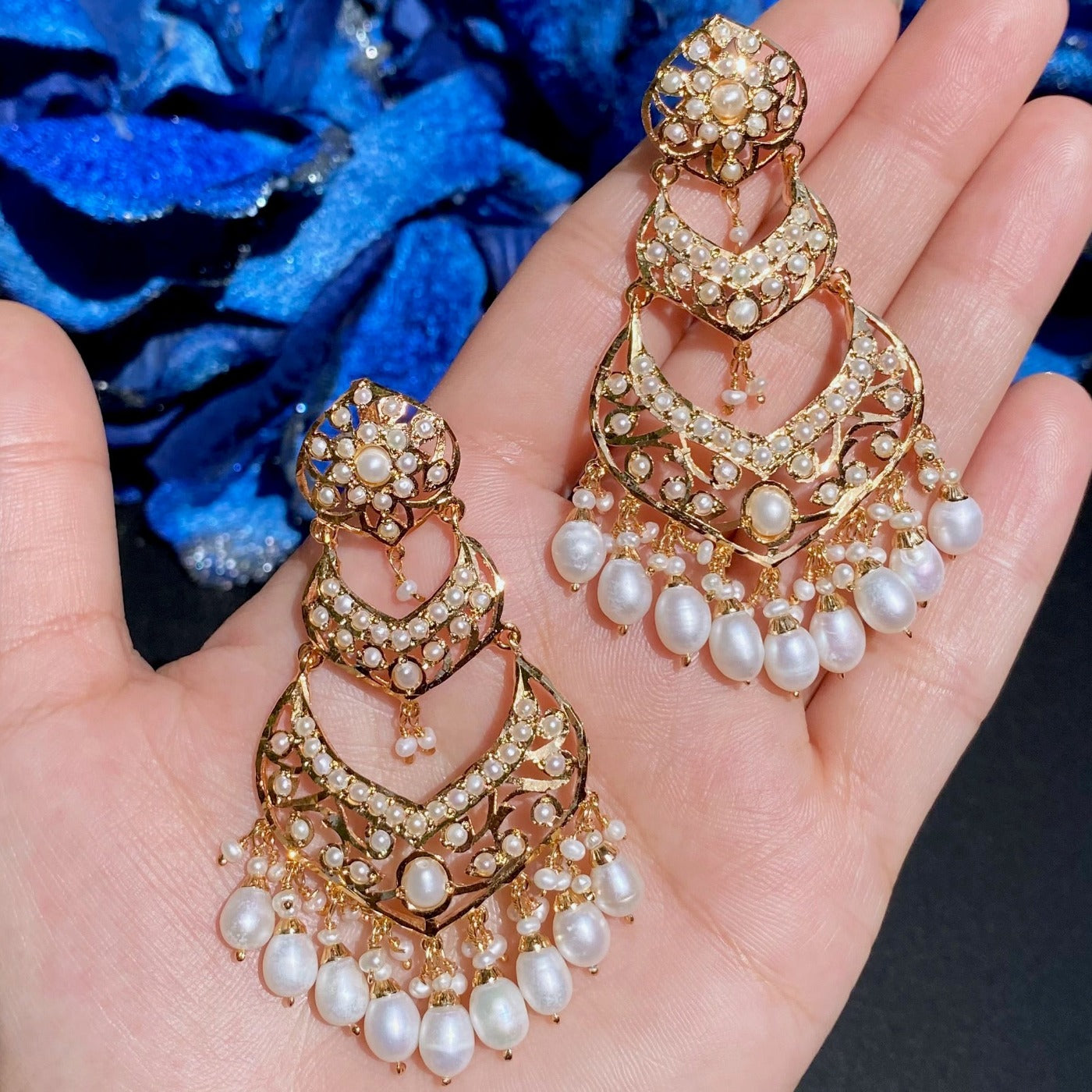 long pearl chandbali earrings