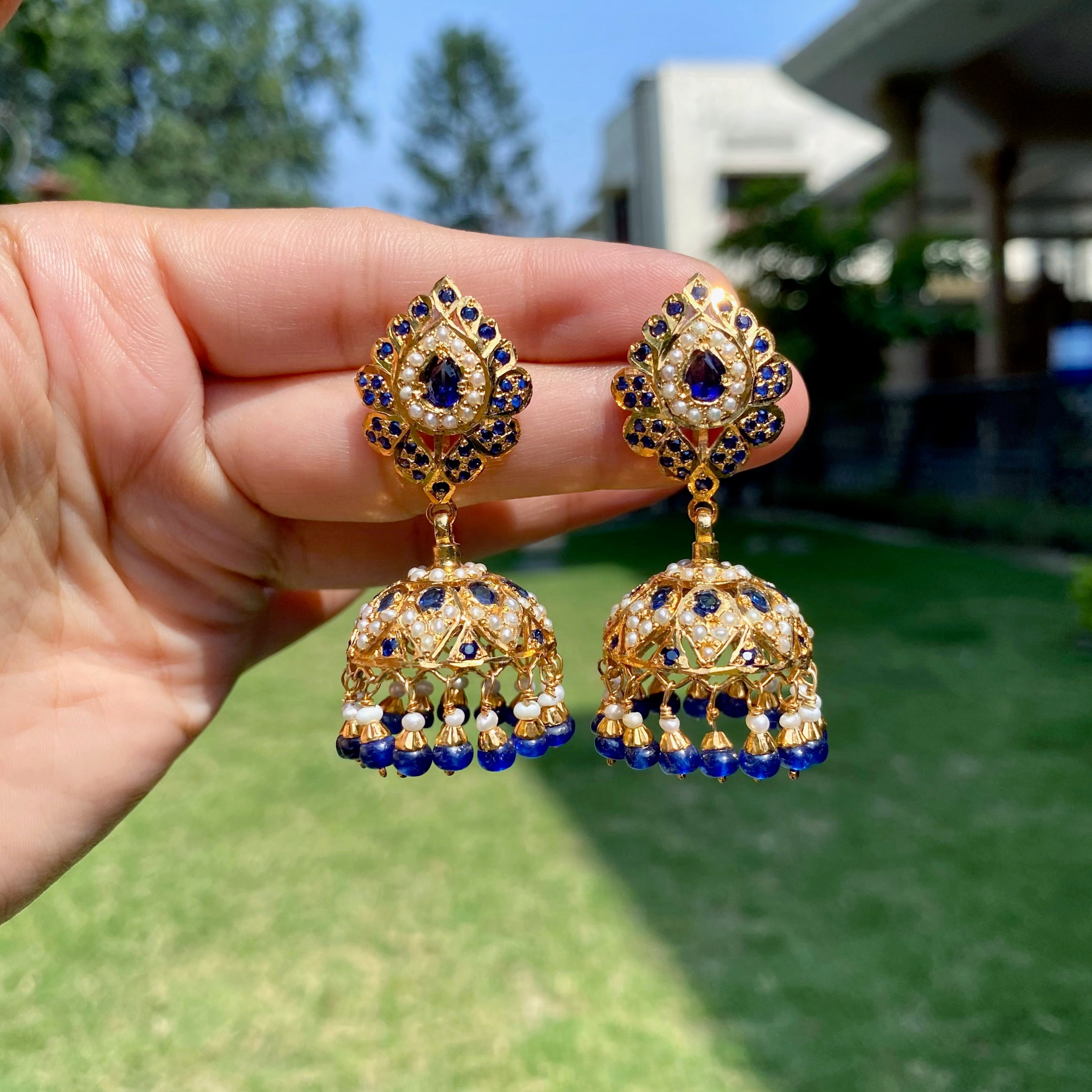 Royal Blue Pearl Jadau Jhumka Earrings | Gold Plated Silver ER 712