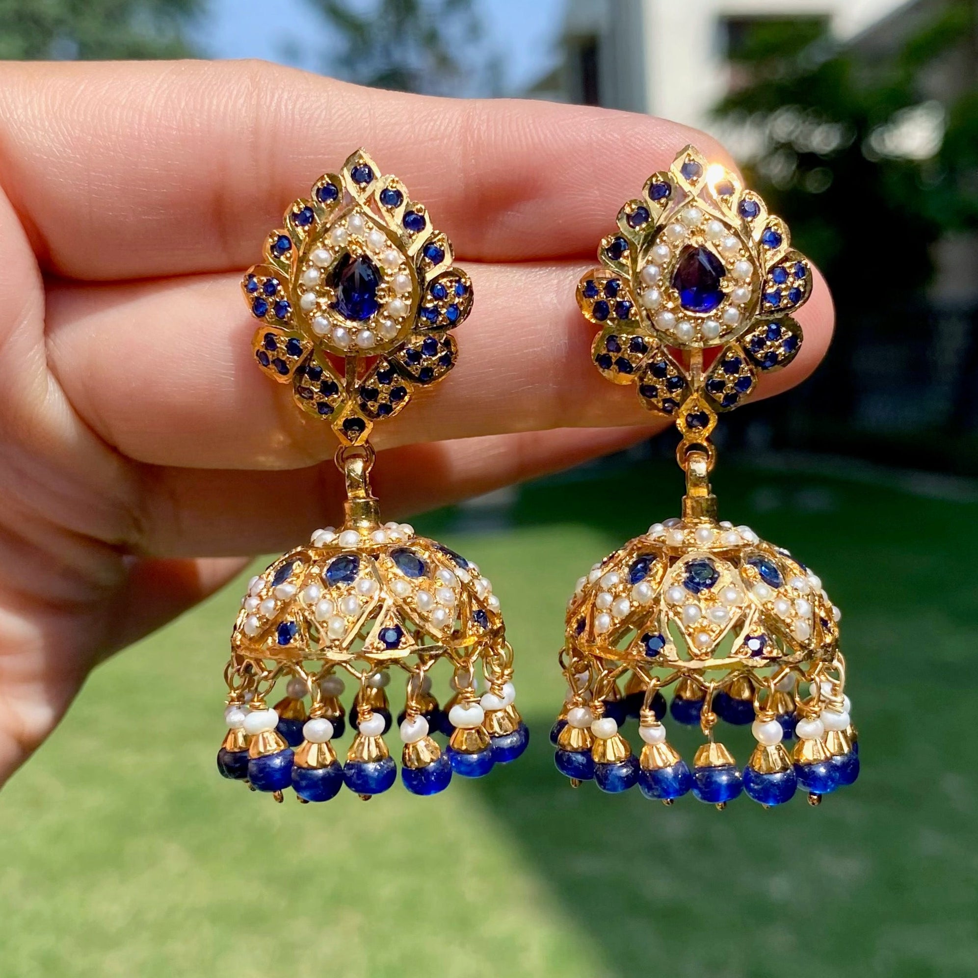 Royal Blue Pearl Jadau Jhumka Earrings | Gold Plated Silver ER 712