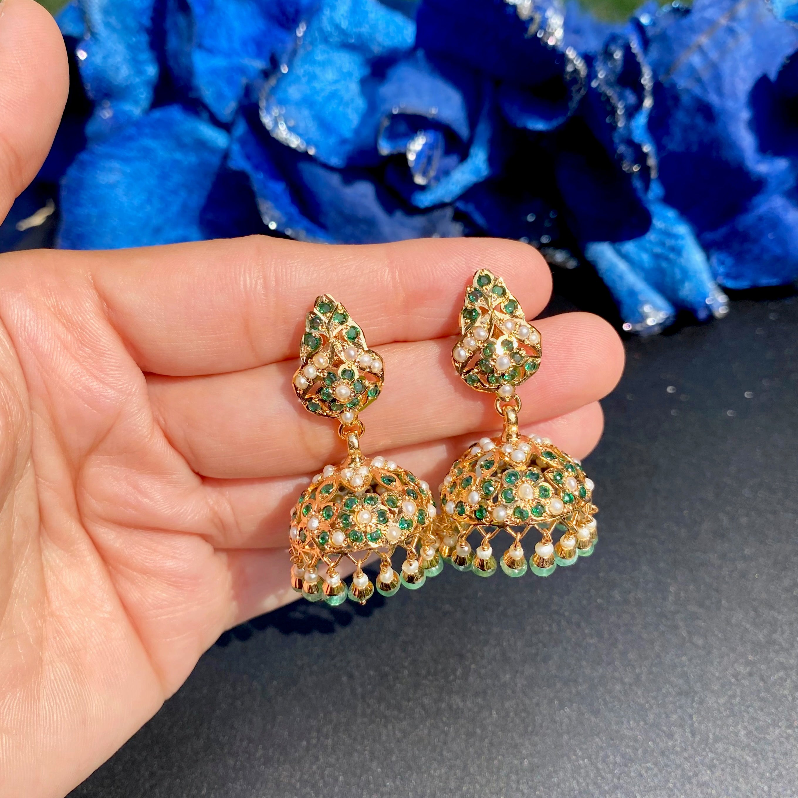 Emerald-Green Pearl Jadau Jhumka Earrings | Gold Plated Silver ER 711